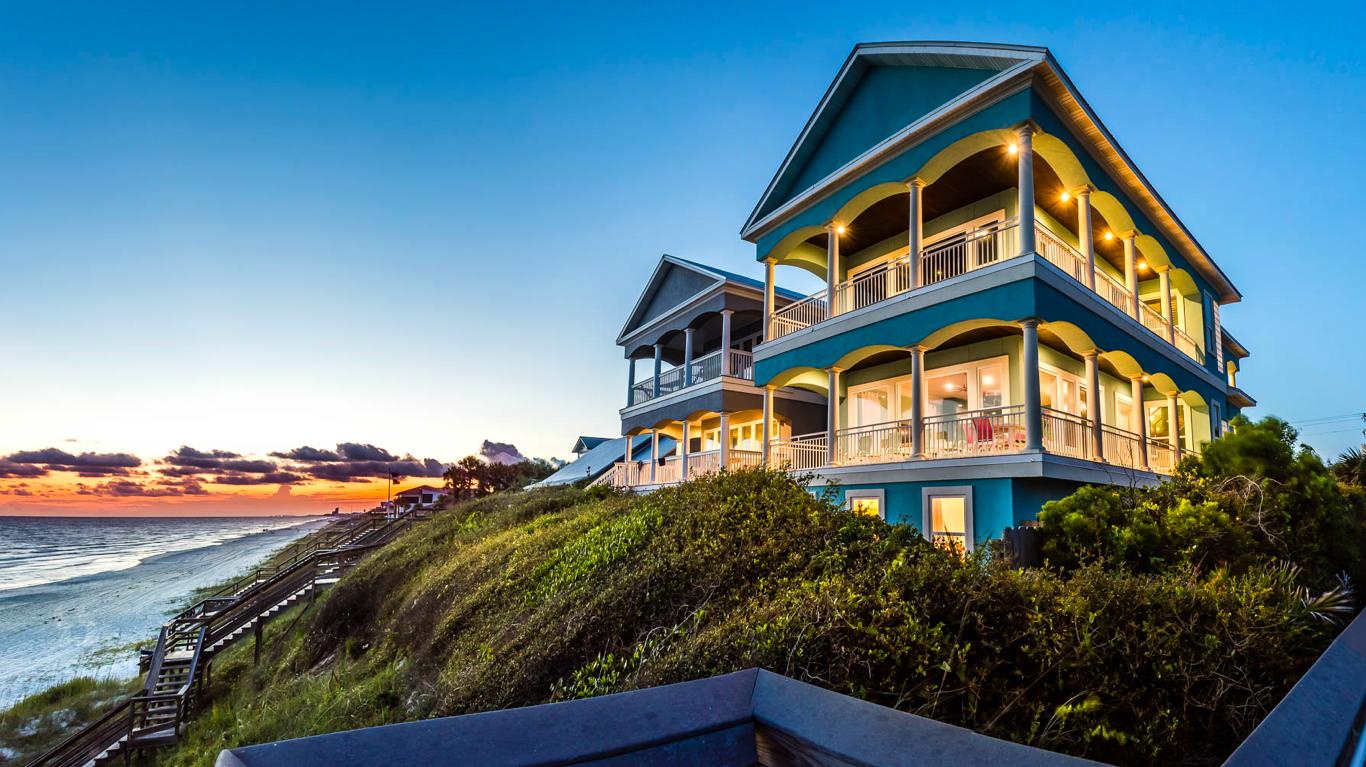 This beautiful Gulf front home is located on the East end of 30A near Rosemary and ALYS Beach. Aptly known as ''Happy House'', panoramic and unparalleled Gulf views can't be missed on the second and third levels.
Recent upgrades (New windows - 2019, new porches - 2019, new roof - 2016, and new driveway pavers - 2019) make this house the perfect home to make your own or use as an investment property. There is also potential on the large lot for a carriage house and expanded pool.
On the first floor you will find three bedrooms with a kitchenette creating a comfortable escape for friends or family. The second level has an open living and kitchen area with an expansive porch. There is also a guest bedroom with ensuite bathroom. The master suite and two additional bedrooms are located on th third floor. The master resides high on the dunes above the gulf offering a view you must see.