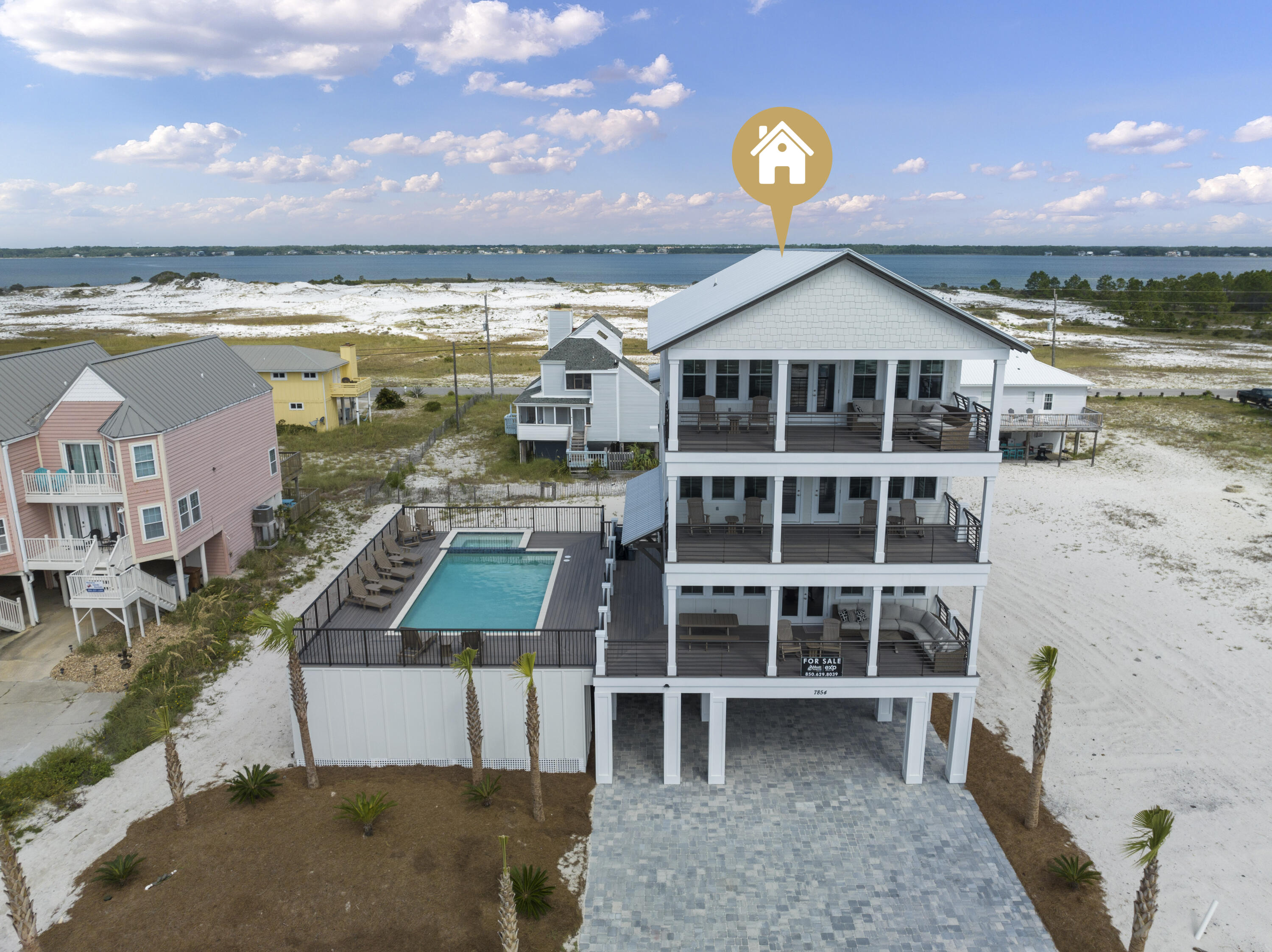 Open House Hours: Thursday - Saturday 11 am - 3 pm. Luxury new construction home with expansive views of the Gulf of Mexico and the Santa Rosa Sound! This spectacular 8 bedroom, 8 bath + 2 half bathroom home of over 4600 sq ft rests in one of the most beautiful places along Navarre Beach right across the street from the beach access. The first level of this unique beach home features an oversized elevated gunite pool and hot tub surrounded by a beautiful deck on the same level as the kitchen and living area making it an entertainer's dream. The second floor has 4 full bedrooms with ensuite baths and the third floor features 2 full bedrooms, a game/entertainment area, and a lifetime of unobstructed views of the Gulf of Mexico and Santa Rosa Sound. With rental projections of over $350K a year, this property makes a great addition to an investment portfolio or a great home for a family. This home is equipped with an elevator and will be sold FULLY furnished! Don't miss the opportunity to own a home in paradise!