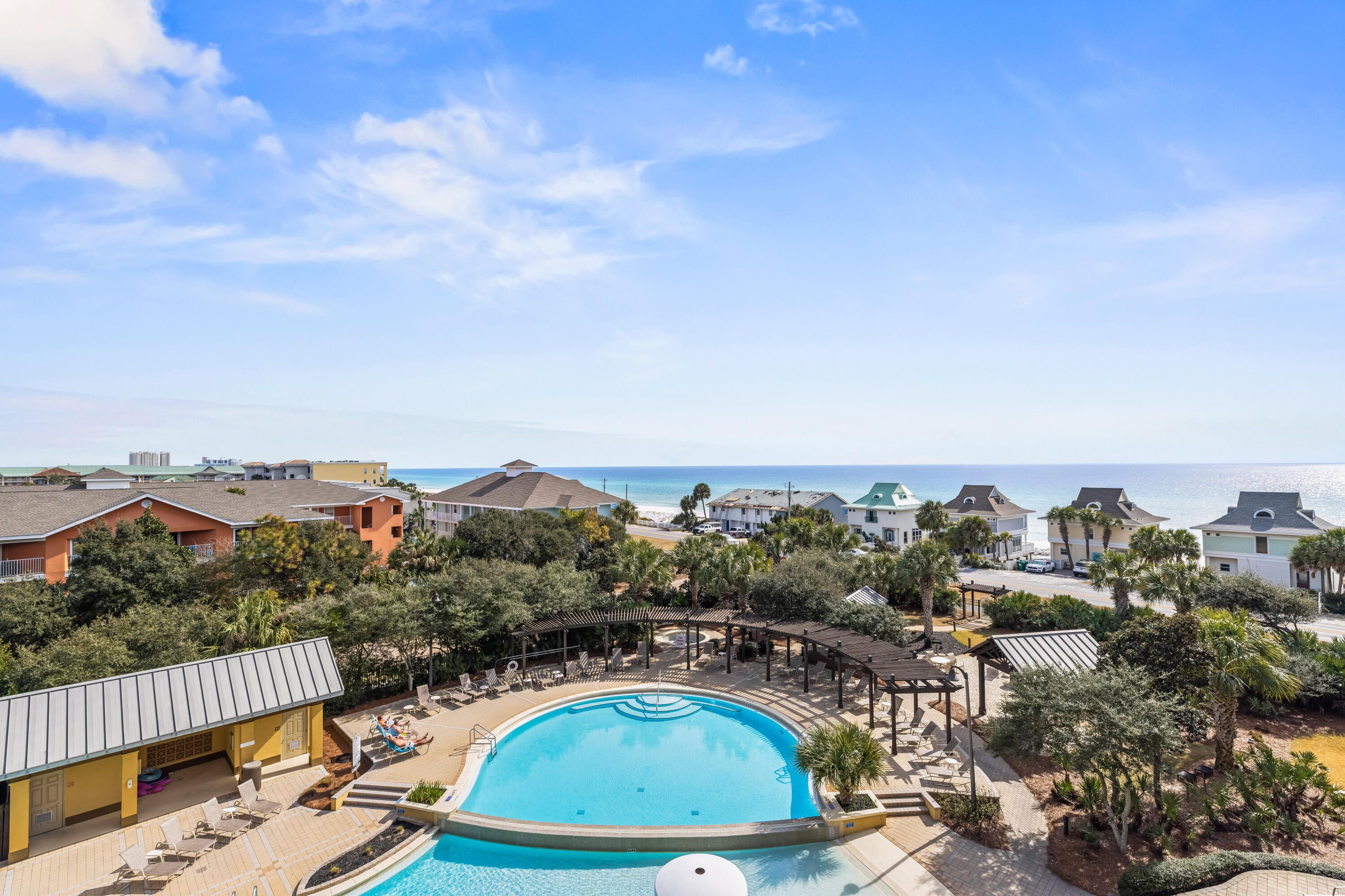Great 5th Floor Beach Resort Unit!!! Fully-furnished large main bedroom w/full bath and 1 large bunk room w/closet and full bath,. Spacious Condo in a great location on Scenic 98! This spacious open-plan unit has a private balcony overlooking the pool and Amazing Gulf view! Family-friendly Resort and vacation oriented community. Amenities include the tropical landscaped pool with fountain, large pool deck, grills and covered picnic areas, kids splash pad, hot tub. Just a short walk to the private deeded Beach! 3 restaurants close by make this a Great location!