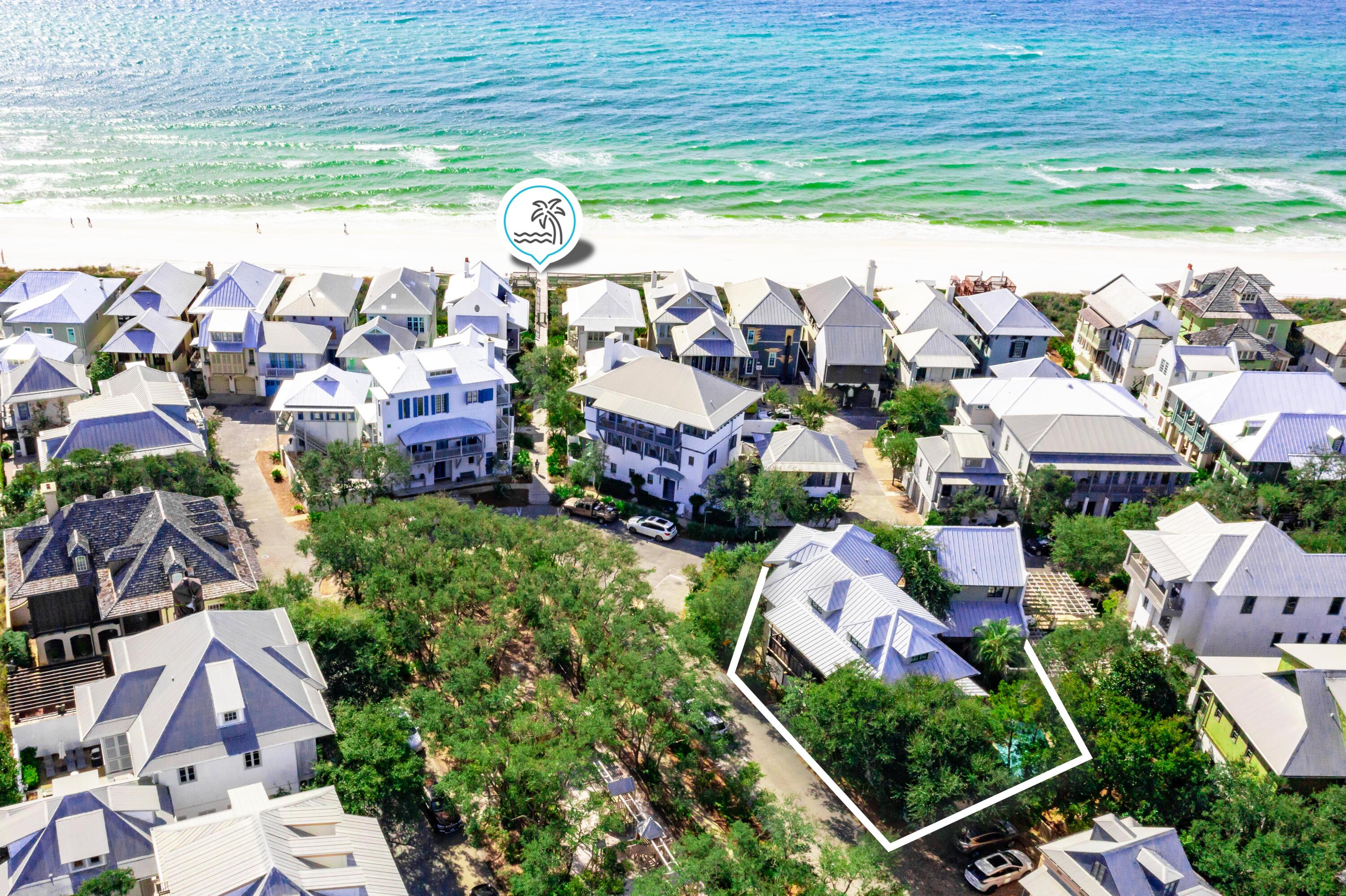 Welcome to the South side of Rosemary Beach, just steps to the sugar white sand and the beautiful waters of the Gulf of Mexico. Perfectly placed on a sizable corner lot this 5,047 sq ft home is ideal for a real estate investment or second home. Several highlights are mahogany doors, beautifully refinished wood floors, pecky cypress ceilings, new casement windows, curved floating staircase, new metal roof, large pool and 14' ceilings... just to name a few. The 1st floor guest along with two masters on the 2nd floor and a 3rd floor just for the kids: two bunk rooms, shared full bath and tv room! The covered outdoor dining space off the kitchen/living area is picture perfect for all your alfresco dining parties along with an outdoor pergola, pool with fountain and lounging areas all surrounded by a masonry wall and mature landscaping.  Bring the whole family, there's more room in the Carriage House along with a south facing balcony, a two-car garage and outdoor shower.