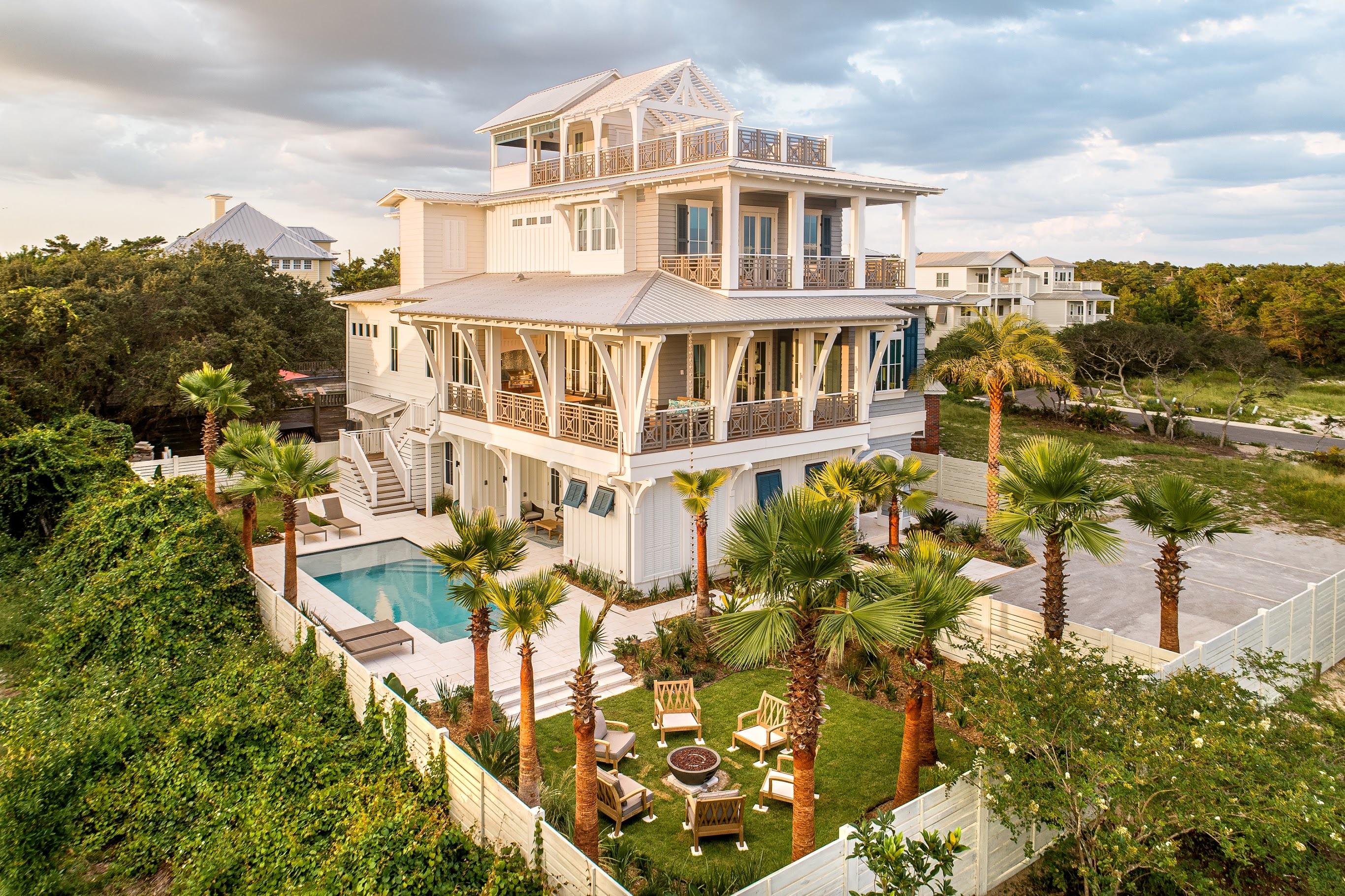 This Nantucket style custom home is over 5000 square feet of new construction with beyond exceptional finishes. 178 Pompano comes fully furnished with much sought after coastal elegant design.  Upon entry, you are greeted with an expansive foyer with pecky cypress ceiling.  The lower floors are perfected in leather porcelain throughout first floor. The grand foyer overlooks the first family area. The first floor comes complete with 2 separate boys and girls bunk rooms, 2 full baths, separate laundry area, pool bathroom with direct access to pool or main floor.  The first floor also overlooks the pool area, access to elevator which has direct access to 3 car garage and a separate golf cart garage. 

The second floor comes finished with the first master, expansive Laundry, chef kitchen with butler pantry. All appliances are top of line Thermador. The dual dining areas make entertaining easy for larger families. This living space offers access to expansive outdoor living complete with lounge/dining furniture, Kumara screwless decking and a built in grill with easy access to main kitchen area.  Tops in kitchen and baths are all quartz throughout the house along with white marble floors. The third level offers 3 bedrooms. All rooms are en-suite and the master bedroom has a must see his and her closet.  The closet can also be used as a partial owners closet if home is placed on a rental program. The master bath is simply heaven from the 3 headed, expansive shower to the stand alone tub for soaking after a long day at the beach or pool.  The 4th floor is jaw dropping with panoramic gulf views.  After sunset, retreat to the covered bar area complete with outdoor TV hookup.  178 Pompano is steps away from the beach access, has multiple parking spots (over 8 spots), walking distance to Rosemary Beach, biking distance to 30Avenue and is the epitome of coastal living.
