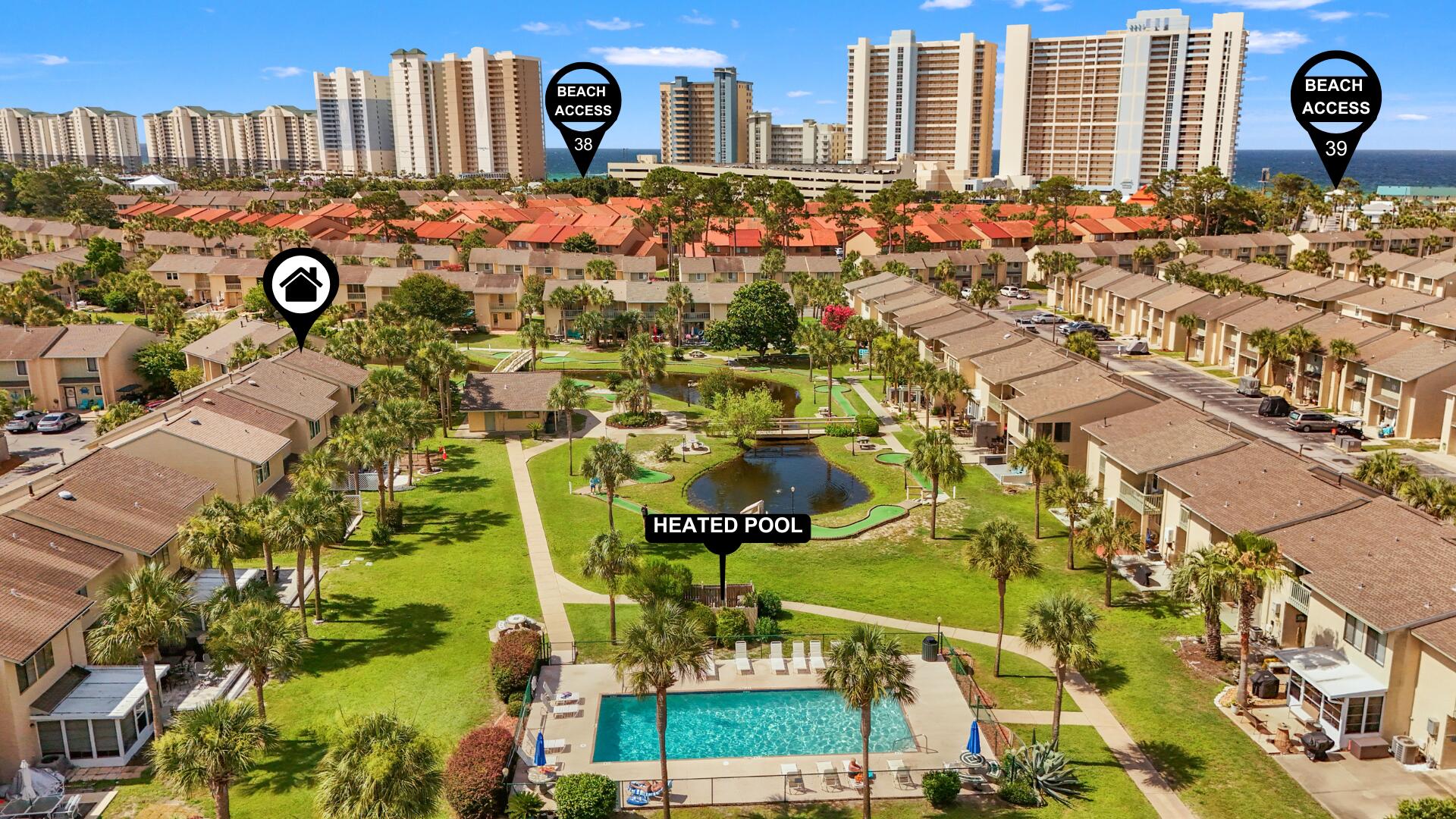Looking for a rare end unit with pool views, extra space, and true beach living that feels like a home? This is the one. Gorgeous end-unit townhome backing directly to a heated pool and mini golf, plus paved golf cart parking, a truly hard-to-find combination in this highly desirable community. This extra-large glass-back end unit has been meticulously maintained and thoughtfully upgraded. Enjoy Florida living at its finest from the beautifully landscaped back patio, perfect for grilling fresh Gulf seafood while watching the kids splash in the heated pool just steps away. An additional pool (11 total) is only a short walk away, offering incredible views and convenience. Inside, the home features a bright main level with LVP flooring, a well-appointed kitchen with recently installed stainless steel appliances, and stylish finishes throughout. Upstairs, the spacious primary suite offers peaceful views of the green mini-golf area and pond creating the perfect retreat after a day at the beach. Unique highlights include: " Beautifully paved front patio " Two assigned parking spaces directly in front of the unit " Fully furnished & rental ready " Accent shiplap & solid wood stairs " LVP flooring throughout " Newer windows and sliding glass back door. Just a 5-minute walk to the beach, or hop on your golf cart and be there in no time. This turnkey townhome is move-in ready and ideal as a primary residence, vacation retreat, or income-producing short-term rental. VA & FHA approved with excellent projected GRI. Don't miss this incredible opportunity. schedule your showing today! LOW HOA fees include: 11 pools(5 heated), pickleball, shuffleboards, water-front restaurant & pool, mini golf, exercise room, tennis courts, playground, WIFI, pest control, termite bond, trash, ground keeping, property patrol, gated community and more.