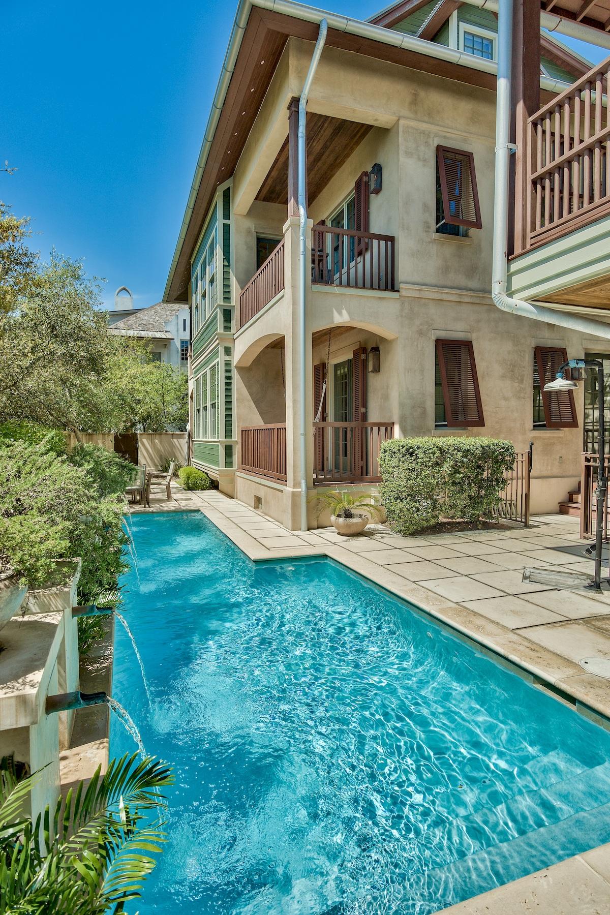 This furnished Rosemary Beach home and carriage house sits on a corner lot on the south side of Scenic 30A including an elevator, private courtyard, and pool. This home fronts a small park and is next to a boardwalk to the beach with only 2 homes between you and the beach! Strong Rental History with 2019 Rental Projection of $285,728. Recently repainted inside and out, as well as a kitchen renovation, this beach home with proven rental is ready to enjoy! Entering the first floor, you'll find the master bedroom, with separate sitting area complete with wet bar and private porch. A guest bedroom including an en suite bathroom is also on the first floor. On the second level you will find an open kitchen, dining and living area with great balconies overlooking the pool and lush landscaping. The kitchen has new granite countertops and modern appliances. A powder bathroom completes the 2nd floor for great convenience. Two porches off the living area on the second floor offer amazing views and an ideal spot to relax with a cocktail. The top floor has two guest bedrooms with Gulf views and en suite full bathrooms. The main house comes with an elevator to all three floors. The three-story carriage house includes a two-car garage and an additional laundry area. The carriage house also has a sleeping loft, which doubles as a sixth bedroom. The property has stainless appliances, American walnut hardwood floors, gorgeous stone floors in the bathroom and granite counter tops throughout. Rosemary Beach has all the amenities you are looking for such as swimming, shopping, tennis, fitness, and biking just to name a few! Don't miss the perfect opportunity to be a part of this exclusive community. All room dimensions and square footage are approximate and should be verified by the buyer.