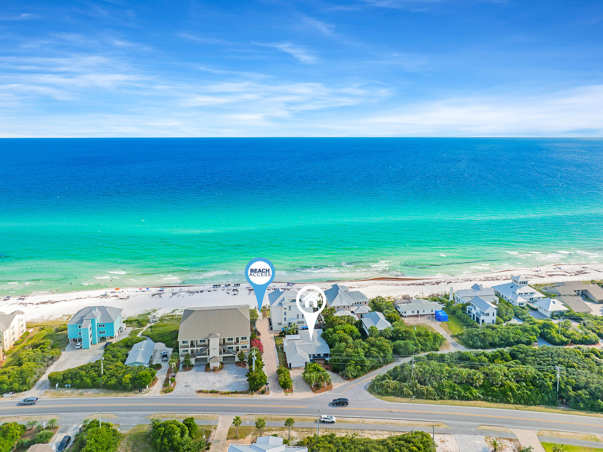 Ample privacy in a serene, beachside community is at the heart of this 2,380-sq.-ft. single level home that is within excellent proximity to the beautiful white sand beaches of South Walton, Topsail Hill State Park, Butler Elementary and close proximity to both Gulf Place and Grand Boulevard. Positioned on a .20-acre lot with no HOA, this three-bed, three-bath home sits south of Scenic Highway 30A with a 25' gulf-front deeded beach easement and a two car garage. An added bonus to the home being on a larger lot and within no HOA is the opportunity to build onto the property and/or add a private pool. Inside the home, you'll find open-concept living space with a fireplace and luxury vinyl tile flooring and tile throughout the whole home. The kitchen is spacious and fully equipped with all the essentials; a large island, quartz countertops, wine refrigerator, floating shelves, gas range and ample storage and cabinetry space. The kitchen overlooks the living area which has plenty of space for relaxing and opens up to a large backyard which is an added bonus with ample space for relaxing, entertaining or dining and has an outdoor shower. In addition to the three bedrooms, there's also a bunk room with double bunk beds; a perfect space for kids to enjoy or could be converted to another living/family space or office. This home conveys fully furnished and has endless opportunities for someone looking for a primary, secondary home or rental property.