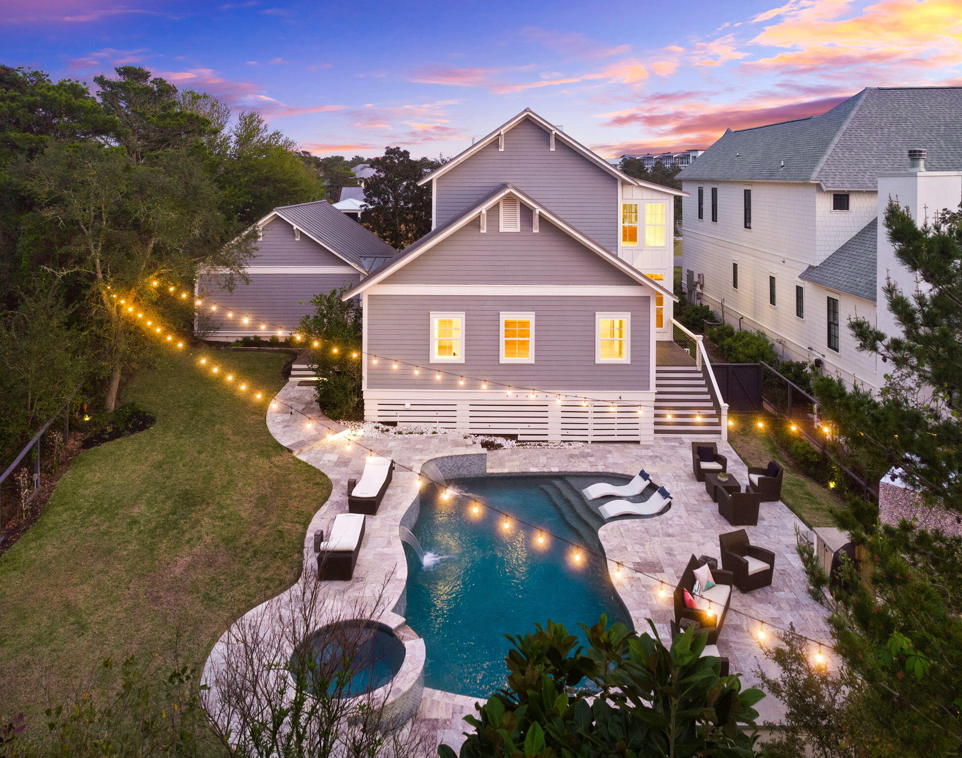 Exceptional home on the ever so popular East end of 30A with considerable attention to detail. The double wrap around front porches welcomes you and your family to this 4 Bedroom, 2,543 Sq Ft home with a private backyard oasis. The kitchen is an entertainers dream with Dacor Professional Appliances, Custom Panel Front Refrigerator, oak island, wood plank walls, pantry, full slab backsplash of Tahiti Quartzite and the Dining Room with custom oak built-in buffet with storage cabinetry and wet bar give room for all your friends and family to gather.  Your guest will enjoy the convenience of the first-floor half bath with antique cabinet sink base and the laundry room just off the kitchen. The Primary Suite completes the first floor with a custom wood walk in closet, freestanding soaking tub, marble shower and custom oak built-ins in the bedroom. Upstairs boast a secondary living space, 3 bedrooms and 2 full baths. Outdoor living at its finest with a built-in gas grill & side burner, Big Green Egg, fireplace, tv, saltwater heated pool with waterfall spillover and hot tub all surrounded with immaculate landscaping all within a 2 minute walk to the sugar white sand & the Gulf of Mexico. Vacation Rentals Allowed & No Homeowners Association.