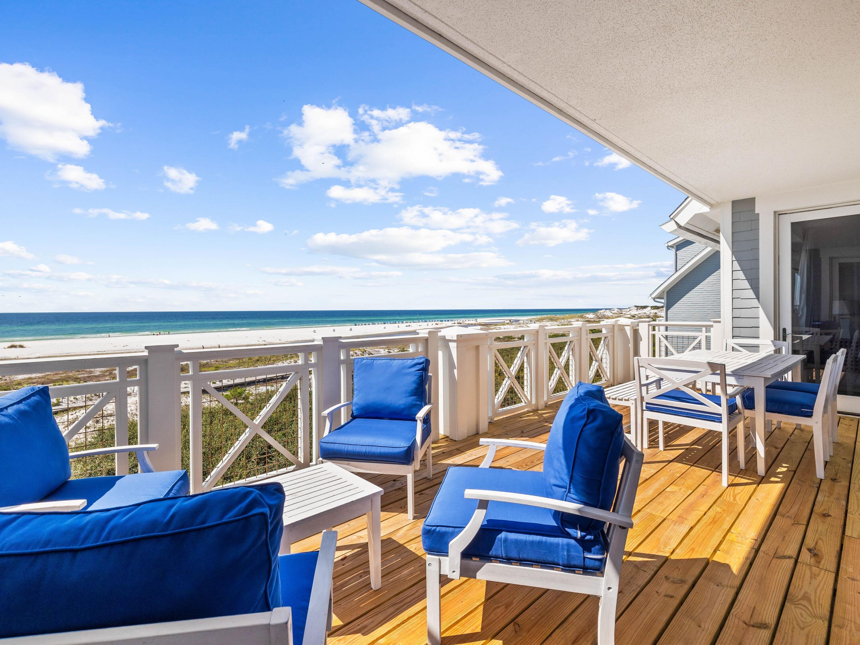 Three beds, three full and one half baths and panoramic gulf views are part of the idyllic beach-front lifestyle offered by this Watersound condo. The minute you walk inside, a wall of windows greets you with breathtaking views of the gulf, dunes and white sandy beach from this third-floor location. The spacious living and dining areas have floor-to-ceiling windows delivering amazing vistas. Step out onto the deep balcony with its decked flooring. It's the perfect space for dining, entertaining and relaxing with views you'll never tire of. The living room showcases the interior design and hand-picked furnishings by Laura McKee of Dwell Interiors along with tasteful artwork, lighting and rugs included in the sale. Head into the gourmet kitchen where pristine quartz countertops contrast with the glass tile backsplash, white cabinets and stainless steel appliances. Updated lighting spotlights the breakfast bar where you can hang out and savor breakfast waffles or pre-dinner cocktails. A door leads into a good-sized laundry equipped with newer appliances. The split floor plan puts the master suite on one side and two beautiful guest bedrooms on the other, all with rich hardwood flooring and private baths. The master and second bedroom are both gulf-front with balcony access for admiring sunrise to the east and sunset to the west. Three bathrooms boast modern fitments with a deep jetted tub and double vanity in the master bath. It includes two walk-in closets providing generous storage space. A cozy office area with built-in shelving separates the two guest bedrooms. Recent upgrades to the condo include new AC (2019) and a new water heater in 2020. The Crossings' owners and guests have their own exclusive pool. Make use of the fitness center with sauna, green parks and seven miles of boardwalks and trails connecting you to restaurants and recreational opportunities. There's convenient access to a full mile of pristine beaches and the exclusive Beach Club is right next door. Head out along the boardwalk for a bracing walk beside the gently turning waves, just you and the sea birds for company, before returning to enjoy breakfast on the deck. You can store bikes and beach toys in the detached private garage along with a golf cart. It's a beachfront paradise at its best. Buyer to verify all information and dimensions.