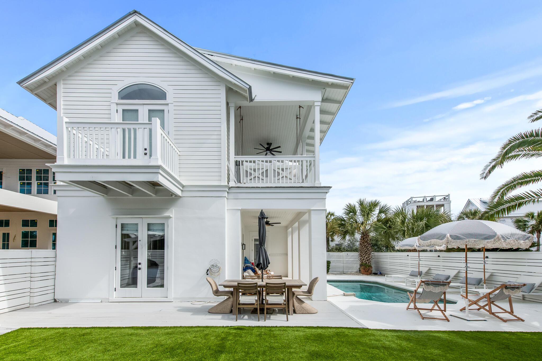Welcome to your dream retreat by the Gulf! Nestled in a low-density, gated community south of Scenic Highway 30A in Seagrove Beach, this stunning 3 bedroom + bunk room, 3.5-bathroom home is the epitome coastal luxury boasting over 2700 sqft of living space. 
The main floor hosts 2 bedrooms + a bunk room including the owner's suite with pool views and access to your private outdoor oasis. The primary ensuite also includes a luxurious soaking tub, double vanities, and spacious walk-in tiled shower. Step outside and enjoy the refreshing pool, sip coffee on the covered porch, and entertain with outdoor dining table and ample freshly turfed lawn space. 
Each of the three bedrooms is a serene oasis, offering plush accommodations and private en-suite bathrooms. Head upstairs to the 2nd level where you will be greeted with a  gorgeous, open-concept living, dining, and kitchen complete with peek-a-boo views of the stunning Emerald Coast waters, a cozy fireplace, and an abundance of natural light flowing in. The kitchen features a sleek design, equipped with Viking appliances and lots of storage.
With community access to the beach, you can spend your days lounging in the sun, swimming in the sparkling waters, or strolling along the shore. This home offers the perfect blend of privacy and convenience. Enjoy easy access to local shops, restaurants, and recreational activities, while still savoring the serenity of your own secluded oasis.