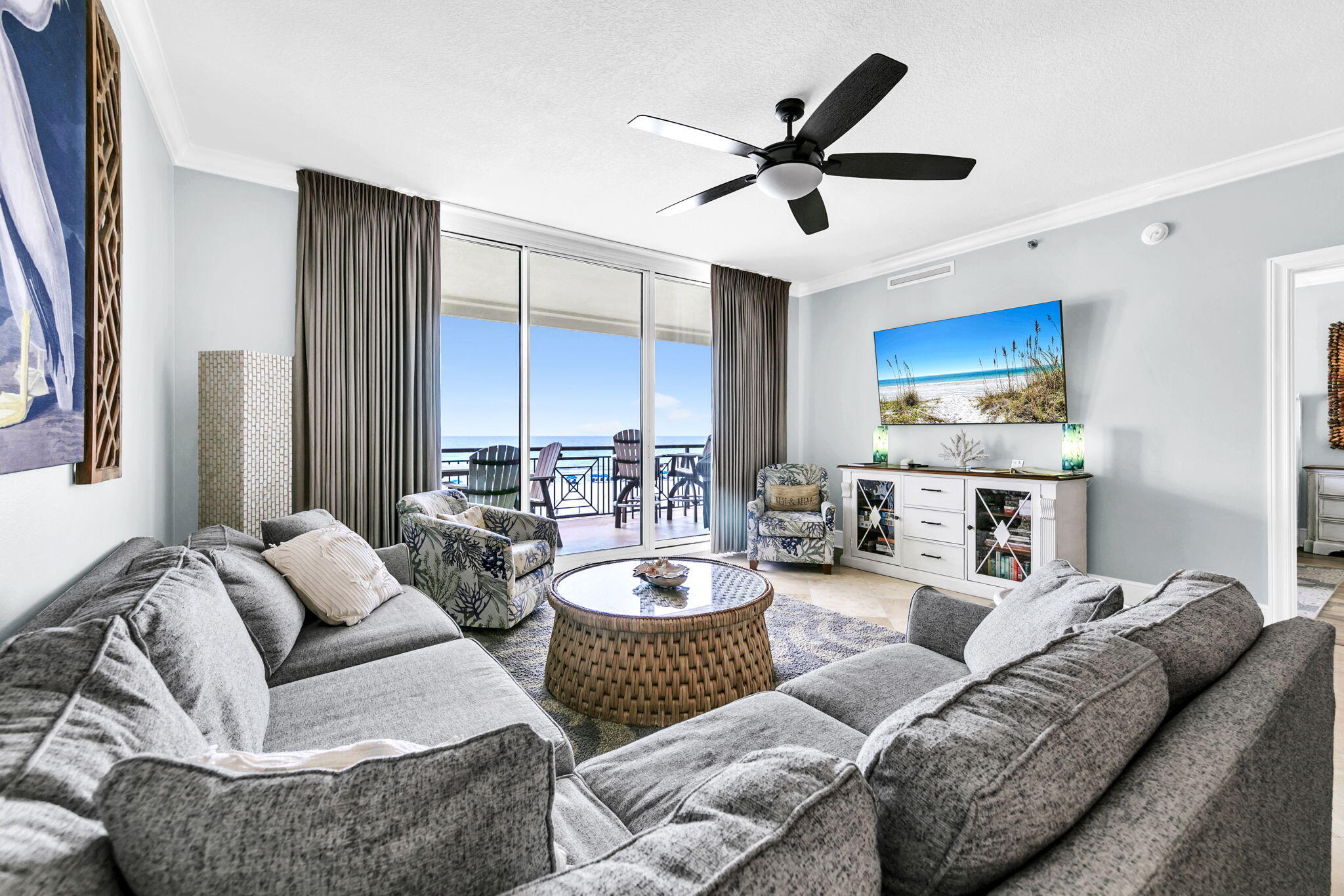 Experience luxurious Gulf-front living at Bella Riva 203, a stunning 4-bedroom, 3-bath condominium perfectly situated on the pristine shores of Okaloosa Island. This spacious 2,095-square-foot retreat combines coastal elegance with high-end comfort, offering breathtaking, unobstructed views of the Gulf of Mexico from its expansive private balcony. Inside, you'll find an open-concept layout with stylish designer furnishings, two beautifully appointed master suites with king beds, two guest bedrooms with queens, and a queen sleeper sofa—comfortably sleeping up to 10 guests. The gourmet kitchen is a chef's dream, featuring premium Viking appliances, granite countertops, and cabinet space aplenty. The balcony offers outdoor dining space and a built-in gas grill—perfect for al fresco meals an ocean backdrop. Bella Riva is an exclusive, low-density complex with only 45 units and over 400 feet of private beach, along with resort-style amenities including a Gulf-front pool (seasonally heated), hot tub, fitness center, and gated parking. Whether you're looking for a full-time residence, second home, or a high-end investment property, Bella Riva 203 offers the ultimate in beachfront living. The building is in tip top condition as it was recently completely repainted and updated there are NO assessments or concerns for the future!