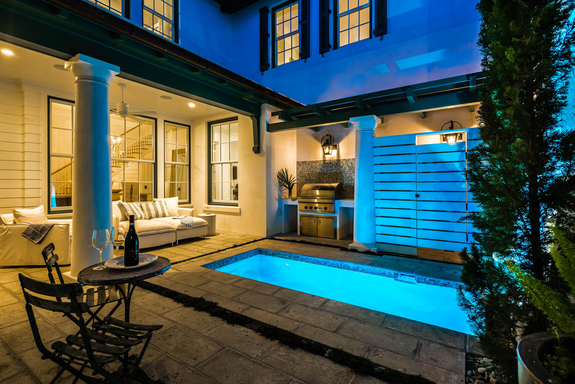 The Alys Beach lifestyle of casual coastal sophistication is elevated in this 4 bedroom, 4-bed bunk room, 4.5 bath home. Step into the private courtyard, complete with a heated splash pool, glass tiled fountain, outdoor shower, Wolf grill, TV lounging area, and discover you left the outside world behind. Cool to the touch peacock pavers underfoot enhance the courtyard and first floor living areas. Light filled rooms with custom furniture pieces, are exalted by the reflective Venetian Plaster throughout this well-appointed home which showcases interior design by The Iron Gate of Franklin, TN. Entertaining centric first floor offers a large open living room with fireplace, window seating banquette, and a state of the art kitchen. An ambiance rich dining room with large custom table and chandelier create a backdrop for downtime dinners. Wolf / Subzero suite, Miele espresso machine, and warming drawer are just a few of the kitchen upgrades selected by the owner.  An anamite inlaid kitchen backsplash, honed Carrara marble countertop, fine cabinets and hardware all make this kitchen a favorite spot.  A much desired first floor guest master with marble enhanced en suite bath is bathed with soft northern light.  The large two car garage is situated thoughtfully to the kitchen. The second floor footprint streams light from the surrounding courtyard and provides private spaces for guests and family.  The serene Master Suite is spacious and bath beyond beckons with a soaking tub, double vanities, and shower while surrounding you in the luxury of Carrara marble. Off the stair hall, the 4 Bed Bunk with barn doors has become first-dibs among the younger set.  Two large Guest suites with baths accented with honed marble complete this hidden treasure.
Located east of Caliza Pool & Restaurant, west of the new Fitness Center under construction and north of Town Center make this one of the most desired areas in Alys Beach.  Home is being offered fully furnished, including the Sonos surround and all electronics.