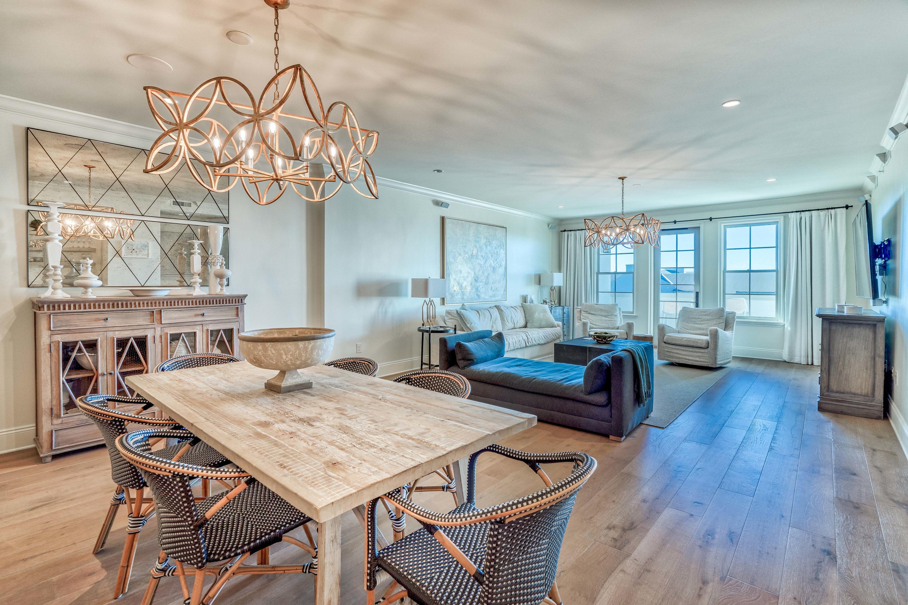#PENTHOUSE #TOPFLOORCONDOAVAILABLE in ROSEMARY! Great floor plan!! A BEAUTIFULLY FURNISHED & appointed RESIDENCE, this Living area overlooks N Barrett Square & the SYNERGY of Main Street! GREAT LOCATION in the CENTER OF TOWN, this one HAS IT ALL!! 2 MASTER SUITES, both w/ soaking tubs, separate shower, & LUXURIOUS BATHROOMS.  3 BR/3 BA PLUS total with an ADORABLE  bunk-room. East end MASTER has a BALCONY w/ glimpses of the GULF. 
Large laundry room w/ utility sink, deeded conditioned storage room & deeded covered parking space. Extra storage closets for Owners who rent. Interior appointments include Wolf 36'' dual fuel range w? griddle, Sub-Zero 36''French door refrigerator & wine cooler, wire brushed OAK HARDWOOD  floors, frame-less glass showers and Calcutta Gold marble counters.