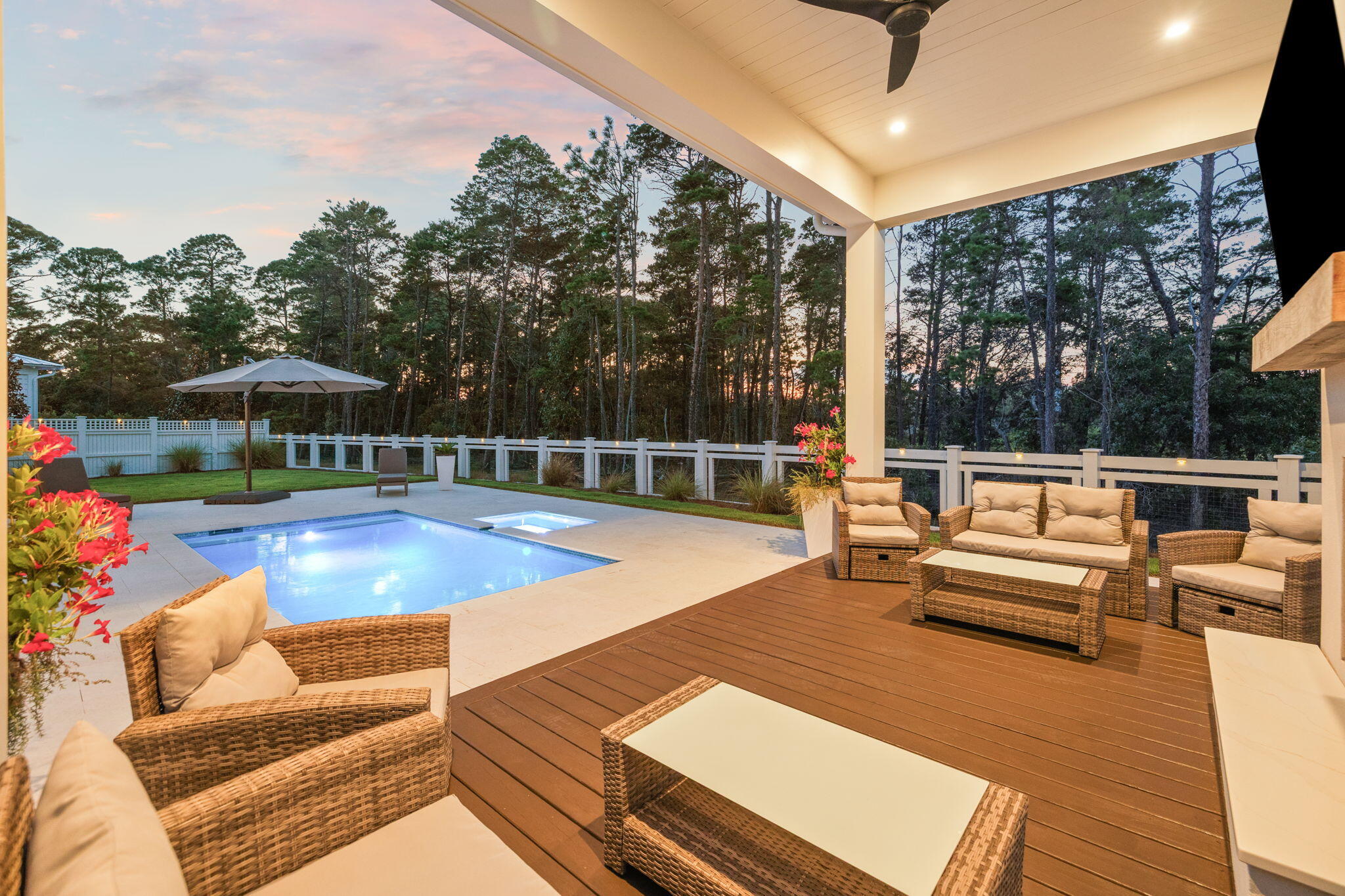 Perfectly located in Watersound Origins, one of 30A's most desirable communities, this exquisite like-new Romair built home delivers elevated coastal living with the highly sought-after Duxbury plan that includes the high-end white oak cabinetry throughout, quartz countertops, designer curated porcelain tile in all bathrooms, and integrated high-end appliance upgrades.  This is the only Duxbury plan on the market today and it is move-in ready. The backyard is a must see and a true show stopper! This beautiful home is strategically placed on a $50,000 premium lot that has one of the largest backyards in the neighborhood which is 45 yards wide and backs up to a permanent nature conservation for 100% privacy on 3 sides of the home where there is an abundance of space between the neighboring houses (hard to find in Origins), unobstructed views of nature and beautiful sunsets. As a bonus, there is easily enough room for a 2nd cabana or pool house.

The oversized backyard oasis includes a breathtaking heated salt water pool and spa with a cabana, outdoor fireplace, screened in back porch, privacy fence around the entire back yard and plenty of green space for kids, pets, etc. The total cost for all of the backyard upgrades was over $272,000. This one-of-a-kind masterpiece is on a quiet street where there is no through traffic or busy intersections.

This home is only 2 years old and is better than new with the upgrades and is in immaculate condition. As you step inside, you'll be greeted by the 10-foot ceilings with 8-foot solid core doors and a seamless flow from the living area to the kitchen and dining space, perfect for entertaining and everyday living.

The attention to detail is evident in every corner of this home with strategically placed bedrooms throughout the home, offering privacy and tranquility. The kitchen is a chef's dream, featuring quartz countertops that add a touch of elegance and durability. The 36-inch dual fuel range, 36-inch French door cabinet panel refrigerator with bottom freezer, and cabinet panel dishwasher appliances by GE Monogram make cooking and entertaining a breeze.

Throughout the home, you will find many luxurious upgrades including the custom-designed cabinetry with a contemporary overlay and soft-close drawers and doors, designer-curated porcelain tile in all bathrooms with quartz countertops in the kitchen, bathroom and laundry room, and under cabinet lighting all add a luxurious touch. Enjoy the convenience of a single level living, where everything is easily accessible and there are no stairs to navigate. This makes the home suitable for all ages and abilities. The 2-car air conditioned detached garage is conveniently located within close proximity to the laundry/mud room and separate from the main living area.

The Watersound Origins community is one of South Walton's most coveted neighborhoods that is well-known for its exceptional amenities, beautiful new homes, and prime location. Amenities include the Village Commons pool & fitness center, sports courts including tennis and pickle ball, miles of nature trails, dock access to Lake Powell, unlimited golf, and lots of green space for outdoor play. The Watersound Town Center brings a new level of excitement and convenience to the community with a Publix Super Market, delicious restaurants, healthcare facilities, a seasonal weekly Farmers Market, and more right at the entrance to the neighborhood!

Highlights and Upgrades:

High-quality, luxurious upgrades, and functional design of a Romair built home
Updated and enhanced Duxbury single level floor plan
Premium lot ($50,000 option) with an extra large backyard with room for a 2nd cabana or pool house
Newly completed construction with upgraded high-end white oak cabinetry, countertops, tile and fixture upgrades
Heated saltwater pool, spa, and cabana with a wood burning fireplace ($272,000 option)
Private backyard backing up to a nature preserve that doesn't back up to other houses or busy streets
Located on a street that is not at a busy intersection or on a through street
Extended driveway with enough parking spaces for 7 cars for family and guests
Screened in back patio
Plantation shutters and curtains throughout
Upgraded lighting package
Outdoor lighting in front and backyard
Heated and cooled garage