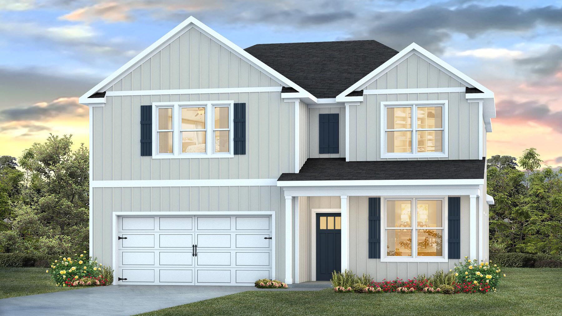 Welcome to Independence, a brand-new community featuring a beautiful community pool, lazy river, pickleball courts, and much more. The Embry is a spacious 5 bed, 3.5 bath two-story home offering over 2,900 sq ft with a 2-car garage. The first floor features a private primary suite with a large walk-in closet. A flex space off the foyer is perfect for a home office or dining area. The open-concept kitchen includes stainless steel appliances, and a center island that flows into the great room. Upstairs offers four additional bedrooms, two full baths (including one ensuite), and a versatile bonus living area. This highly desirable home comes standard with a Smart Home Technology package with several Smart devices for your convenience. Hurricane fabric window and door protection is standard. Stylish classic, timeless curb appeal, and located in a fast-growing location with easy access to the Interstate. ALL LISTING pictures, colors, features, and size may vary. Square footages are approximate.