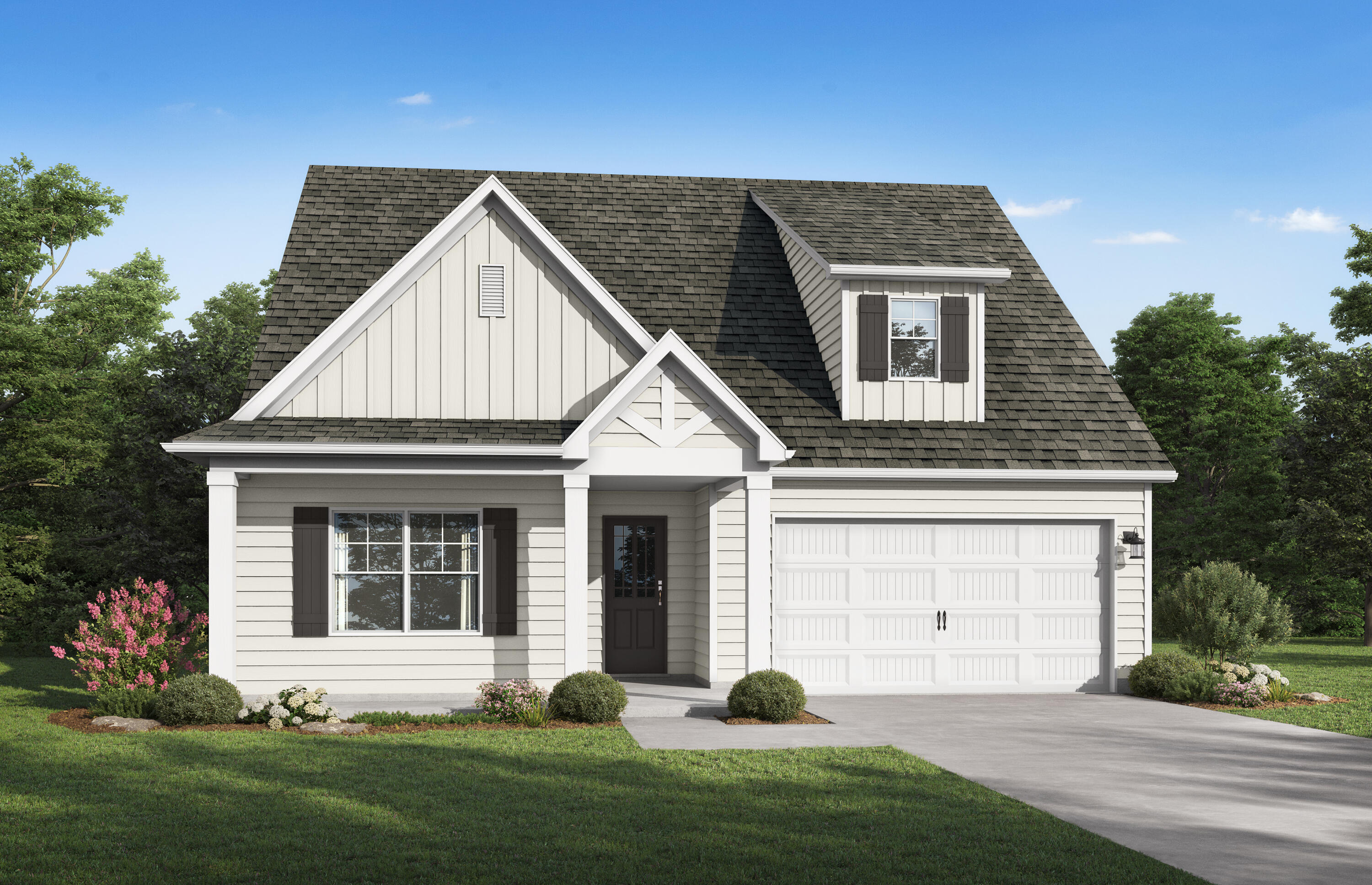 The Kimbrell I. From your covered front porch, step into your foyer with a trey ceiling and shadow box trim. Enjoy entertaining friends & family in the open living area, complete with picture window, as everyone mingles around appetizers on the quartz island in the eat-in kitchen. Step outside the dining room to the expansive covered back porch and rejoice in grilling or spending time in your private backyard. Need more space? Utilize the cozy nook off the kitchen for a home office, place to study, or reading corner. Your secluded primary suite comes complete with a trey ceiling, dual bathroom vanity & a walk-in closet conveniently connecting to your laundry room. The remaining 2 secondary bedrooms also feature trey ceilings & share a full bath. Photos of a similar home, options may not be included.