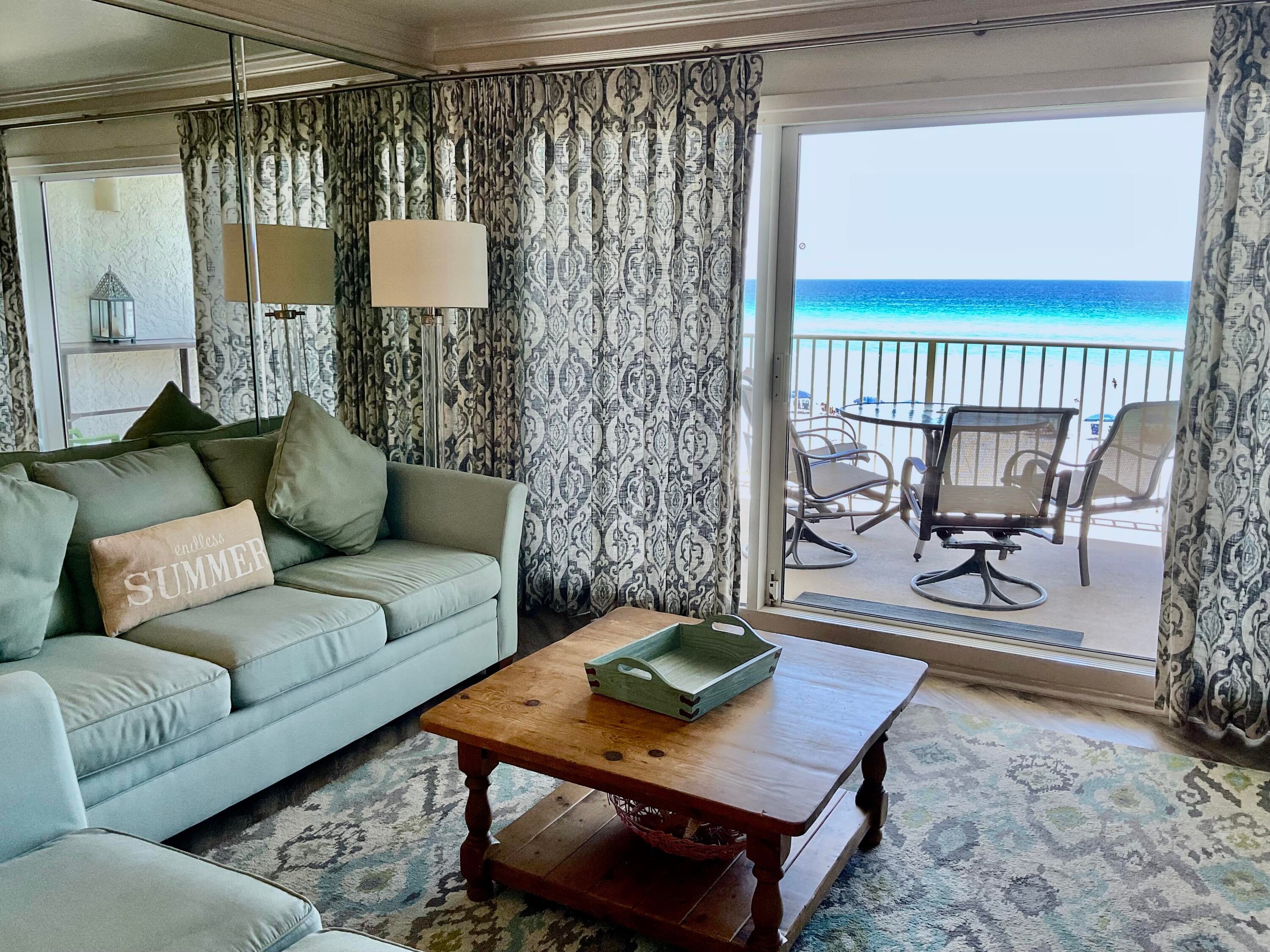 This fantastic two-bedroom, two-bathroom Gulf Front condominium is so beautiful! The stunningly decorated kitchen and living room offer plenty of room for family & friends to enjoy the amazing Gulf views. The spacious kitchen has all stainless-steel full-sized appliances and is stocked with all the cookware you'd need before heading down to the private sugar-sand beach. The living room has plenty of comfortable seating options to enjoy family TV time or to visit with friends. The master bedroom boasts a king-size bed & en-suite bathroom with a large walk-in shower. The guest bedroom features two twin beds and the guest bathroom offers a combination tub/ shower. Whether you chose 203D as your full-time home, part-time home, or vacation investment property,