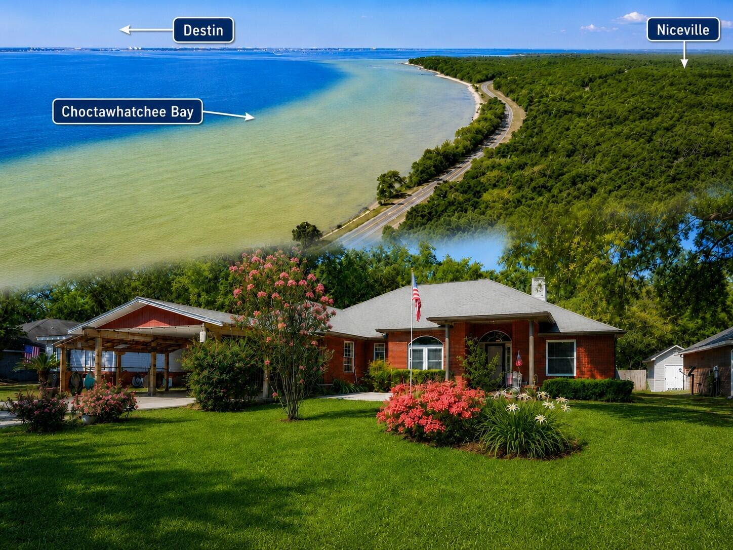 This custom brick Colonial home offering a Niceville address with a setting outside the city limits features bay views and sits adjacent to protected Eglin woodland. Thoughtfully  built with quality construction and lasting details throughout leaving no details overlooked. Features include a herringbone brick entry, stately columns and arches, brick-accented windows and doors, etched-glass front entry with Palladian transom, recessed crown molding, solid wood trim, travertine tile, new hurricane-rated impact-resistant windows a brick fireplace and more!  Kitchen includes custom two-tone wood cabinetry, granite countertops, soft-close drawers and extensive storage. Additional features include custom tiled showers, screened brick lanai, covered patio, fenced yard, she-shed/playhouse, man cave/workshop and established landscaping with blueberry bushes, ginger, elderberry, loquat and Confederate rose. Perfectly between two thriving communities and minutes from Destin.  New HVAC inside and out. 50 year composite roof. Added carport and storage space.