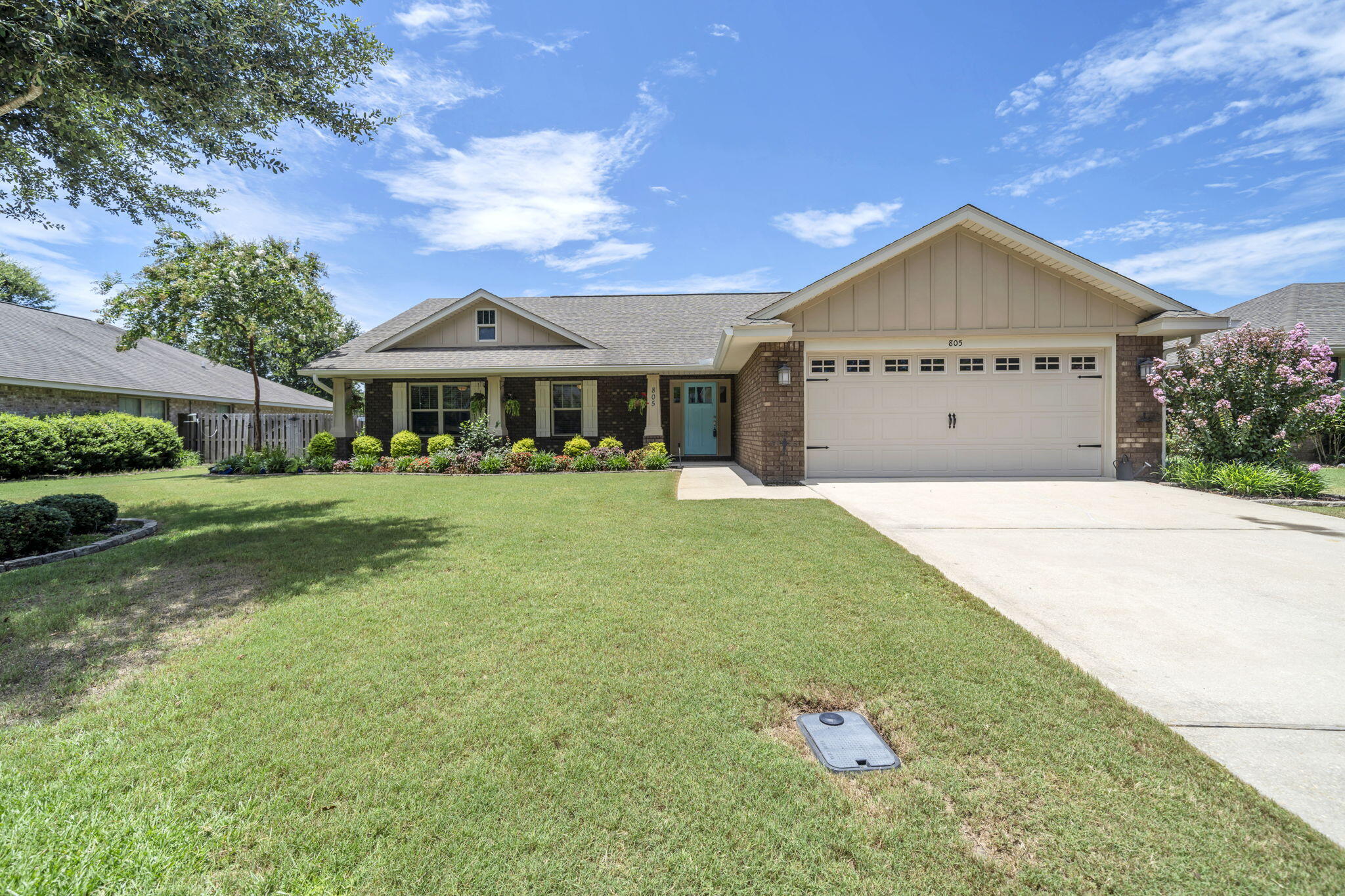 Buying a home just got a little easier! The seller is offering up to $10,000 toward buyer closing costs with an acceptable offer. Welcome to 802 Symphony Way, a beautifully maintained home in the sought-after Symphony neighborhood of Hammock Bay.
From the inviting front porch to the mature landscaping, this home makes a wonderful first impression. Freshly painted and completely carpet-free, it features engineered hardwood flooring throughout the main living areas and bamboo flooring in the primary bedroom. Soaring ceilings and an open floor plan create a bright, spacious feel that's perfect for everyday living and entertaining.
The kitchen features granite countertops, stainless steel appliances, abundant cabinetry, and a large breakfast bar overlooking the living and dining areas. The split-bedroom floor plan offers privacy for the primary suite, complete with dual vanities, a soaking tub, separate tiled shower, and an oversized walk-in closet with custom built-ins.
Step outside to the covered back porch and enjoy a fully fenced backyard that backs to green space and the neighborhood pond, creating a peaceful place to relax or entertain. The detached storage shed provides valuable space for tools, lawn equipment, bikes, and seasonal décor, while the fully owned fence is one more feature that sets this property apart. A whole-home generator that can power the air conditioning and major appliances simultaneously provides valuable peace of mind when Florida storms roll through. Living in Hammock Bay means enjoying resort-style pools, a fitness center, pickleball and tennis courts, dog parks, miles of walking and biking trails, The Green, Props Brewery, community events, and more--all just minutes from shopping, dining, and the white-sand beaches of South Walton.
Move-in ready, thoughtfully maintained, and offering up to $10,000 toward buyer closing costs with an acceptable offer, this is an exceptional opportunity to own a beautiful home in one of Freeport's most desirable communities.