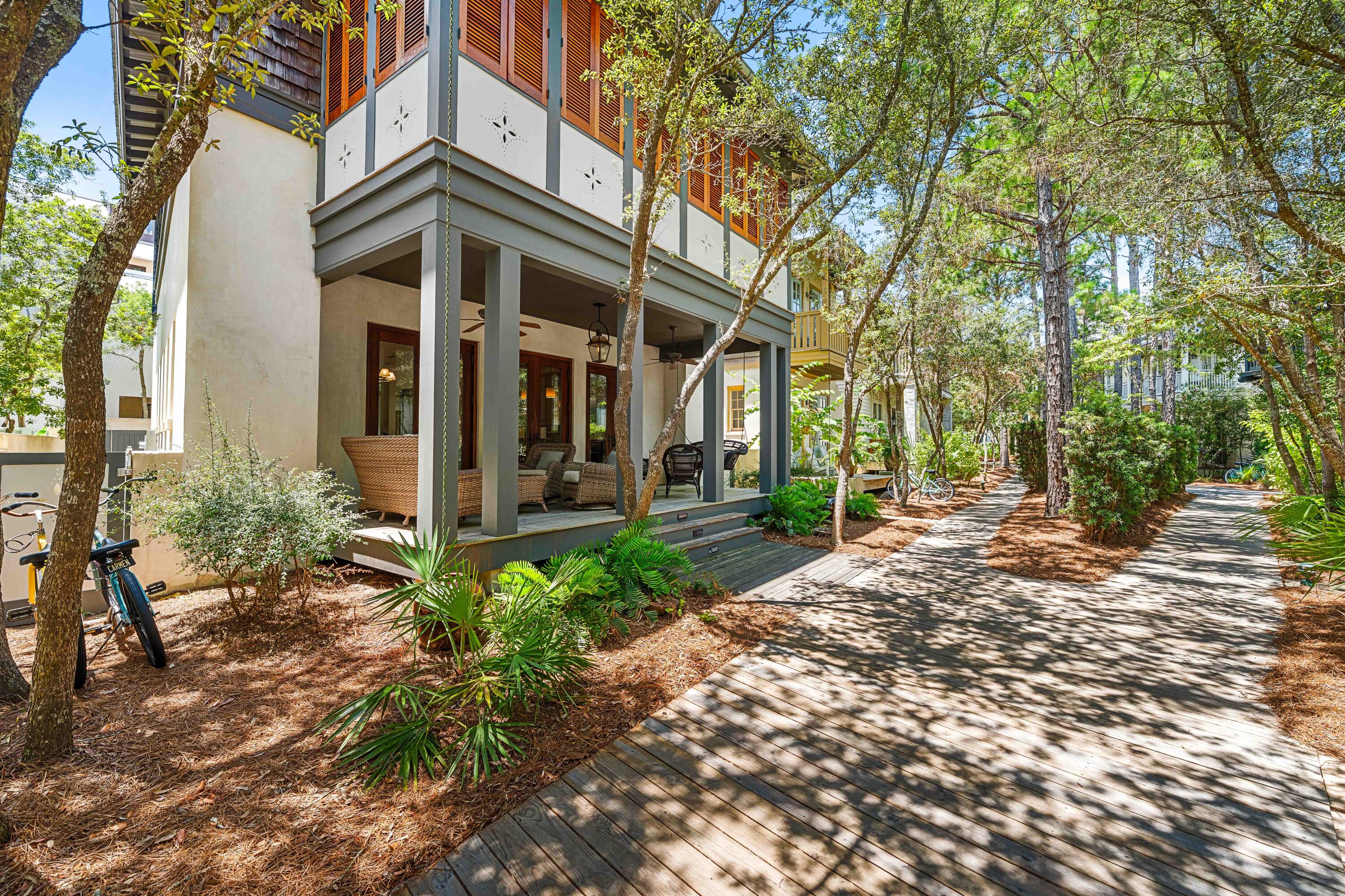 This timeless, Rosemary Beach home offers an inviting covered porch facing Hege-long Park Boardwalk and is just steps to town center. 
Designed with an open living, dining and kitchen on first level. The primary bedroom and two guest bedrooms are all ensuite on the second level. 
The light-filled third level includes an entertainment space and bunk room. Newly furnished and one of the few homes in Rosemary Beach with an elevator. 
Custom built with newly painted exterior and interior. Elegant Mahogany doors and shutters throughout. The home is fully constructed with spray foam insulation at the roof and walls.. The Rinnai tankless hot water heater, and three separate A/C units were all replaced in 2021. 
Enjoy a refreshing dip in the saltwater plunge pool and embrace beach living at it's finest.