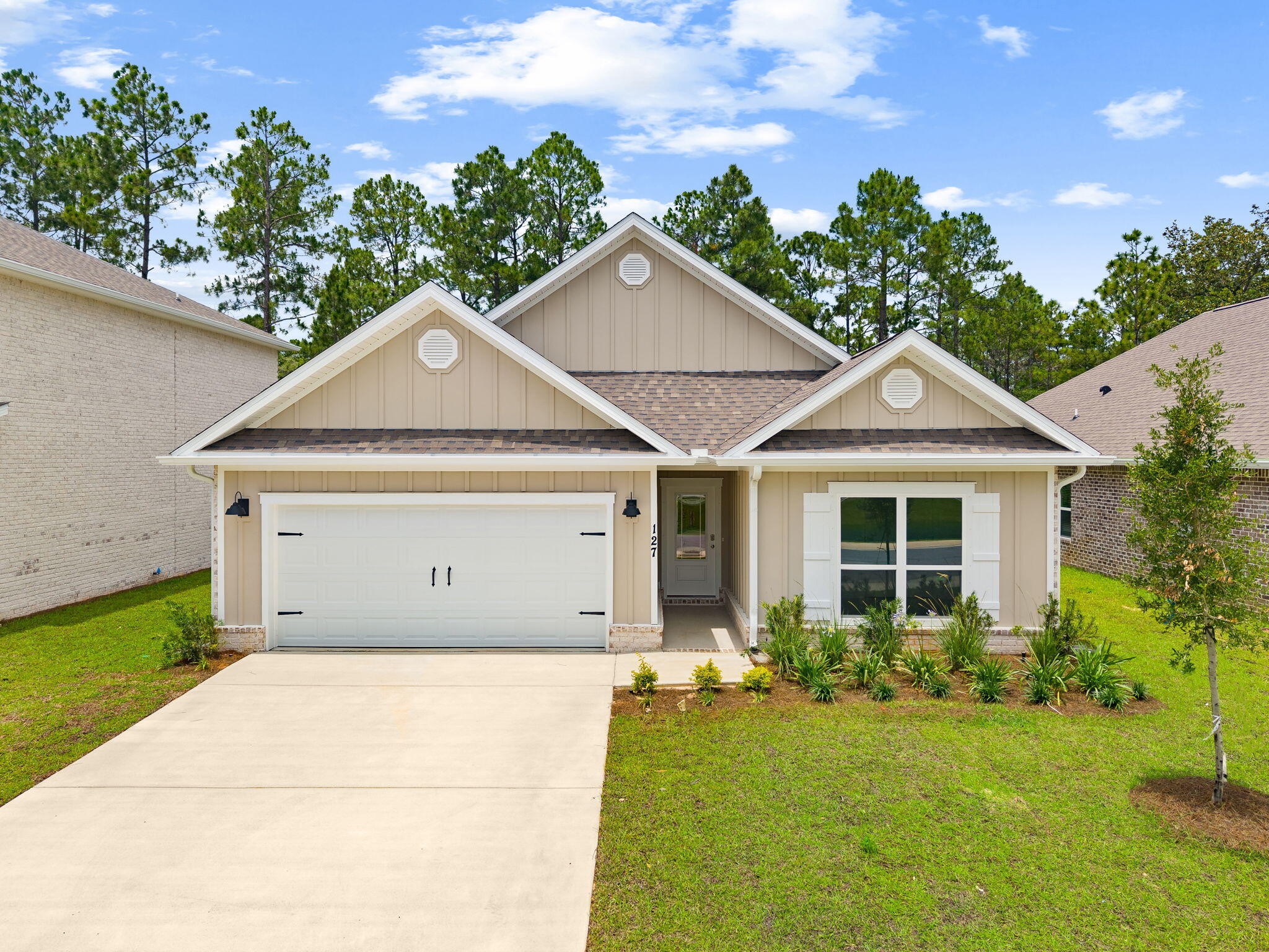 Brand New 4 Bedroom Home in Beautiful Holley Grove at Peach Creek Never lived-in single story home offers over 2000sqft of open-concept living with 4 bedrooms and 2 bathrooms, perfect for comfortable living. The kitchen features sleek quartz countertops, white cabinetry, a center island, and stainless steel appliances. The generous primary suite includes his and her closets. The laundry room comes with a washer & dryer. And you're sure to enjoy the covered patio and the woods right behind you. Located in the desirable Holley Grove at Peach Creek community, north of Hwy 98 in Santa Rosa Beach. Easy access to shopping, restaurants, excellent schools (Bay Elementary, Emerald Coast Middle, South Walton High), Point Washington Landing for bay access (approx. 3.5 miles), and South Walton beaches (about 5 miles to public access). This home is move-in ready and ideal for long-term renters seeking a low-maintenance lifestyle in a prime 30A area. No smoking. Pets are negotiable with a one-time deposit. Garbage and water is included.  Please call owner for details: Sharlee 408-205-2552