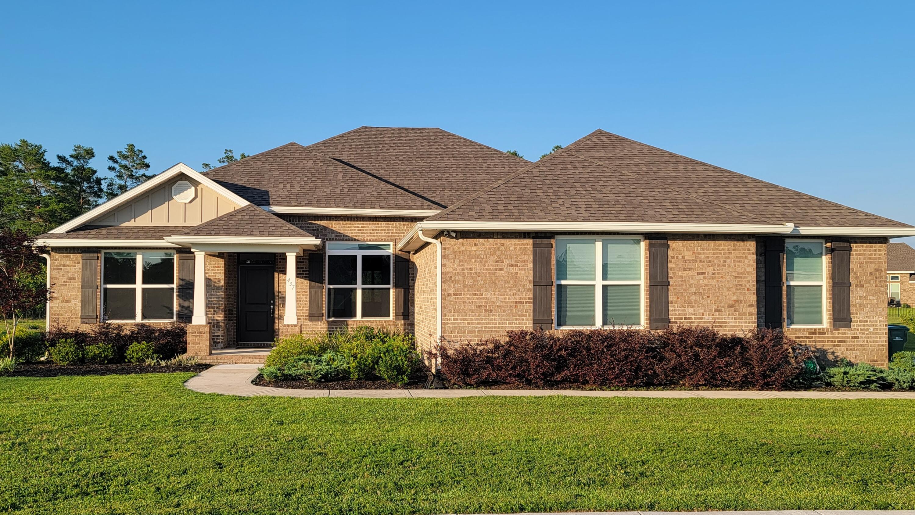 Located on a cul de sac street with no through traffic is an all brick 4 Bedroom, 3 full bath home with an extended 3 car garage.  A thoughtful, split floor plan is very suitable to families and guests.  An oversized screened lanai with a poly coated floor is great for outside cooking and eating. The lot is large in this gated golf community with sidewalks and street lighting. Recent updates include modern backsplash and under cabinet lighting and new high performance range hood.  The house also has GE Profile appliances, vinyl plank flooring throughout, 9-camera exterior security system, custom blinds, owner-owned 24 LG solar panels for low cost and energy efficiency.  Community  amenities include pool, clubhouse hosting events and food trucks, gazebo and picnic area, tennis and basketball courts and playground.  2.375% VA assumable loan.
