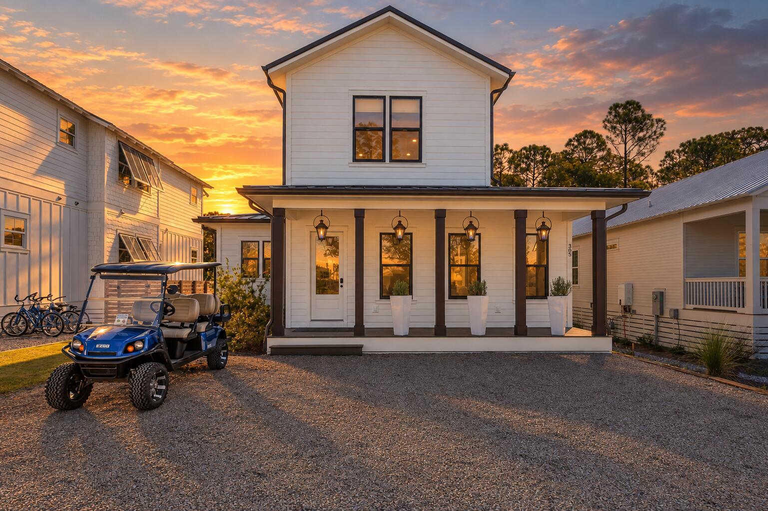 New construction, completed 2025, in Gulf Shore Manor, the Seagrove Beach neighborhood on Scenic 30A with deeded beach access and use secured by a recorded, court-confirmed easement that conveys with the lot. Five bedrooms plus a bunk room, 4.5 baths and 3,155 sq ft over two levels, sleeping 16, with the primary suite and a second guest suite on the main floor. Built to a premium spec: 10-ft ceilings and 8-ft doors, exposed beams, Level 5 drywall, foam insulation, impact-rated windows and doors, sound-insulated baths, high-efficiency AC, and natural gas serving the porch lanterns, grill, pool heater and tankless water heater with recirculating hot water. The kitchen features a gas range, beverage center, hidden walk-in pantry and under-cabinet lighting; laundry rooms on both floors and motion-activated stair lighting keep turnovers simple. Out back, a private heated pool and covered deck overlook a wooded rear lot. Covered front porch and crushed-shell drive with parking for four. No HOA and no rental restrictions. Walk or golf-cart to the beach, about a mile to Seaside's town center, minutes to Publix. Professional rental projection: approximately $189,000. Surrounded by new construction in a neighborhood that continues to build out. Offered turnkey and fully furnished, six-seat golf cart included.