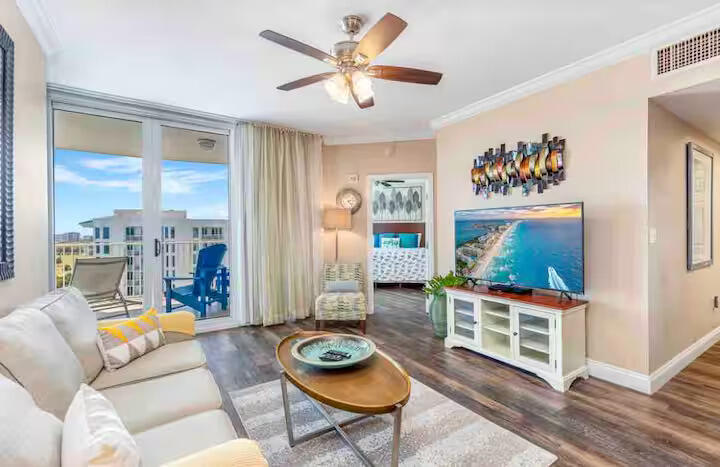 Enjoy year-round sunsets from this spacious top-floor, penthouse, 2BR/2BA residence in the heart of Destin. This exceptional unit offers sweeping views of both the Gulf of Mexico and Choctawhatchee Bay, with a private terrace overlooking the stunning lagoon pool—perfect for relaxing and taking in the coastal scenery.  Lots of upgrades, including a new water heater! 

Located within The Palms Resort, residents enjoy access to an impressive array of amenities, including an expansive 11,000-square-foot lagoon pool complete with waterfall and spa, a children's pool, playground, and splash area. Additional features include lighted tennis and basketball courts, a first-class fitness center, seasonal beach shuttle service, and covered, protected parking.