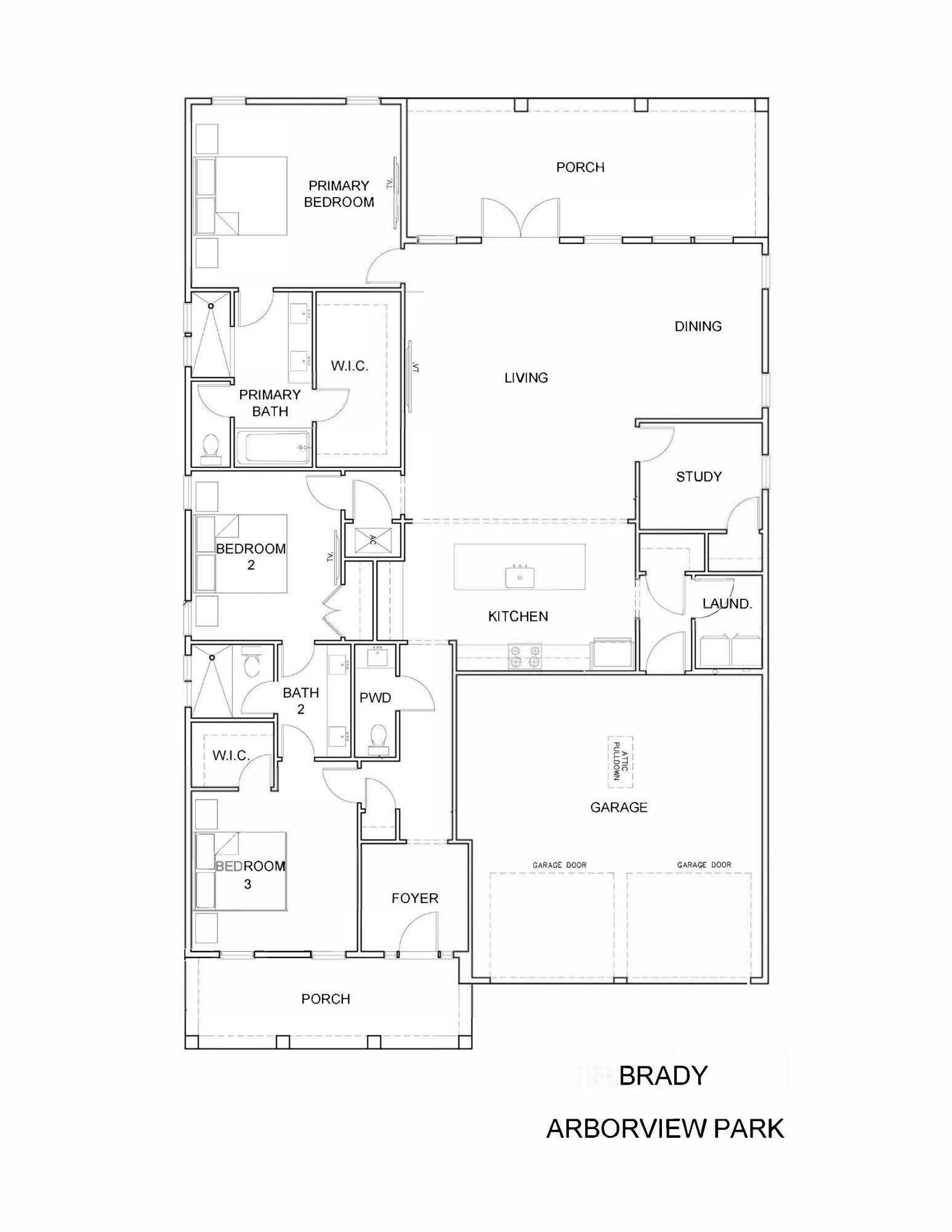 Overlooking the pond in Arborview Park, this 2,130-square-foot Brady features three bedrooms, three-and-a-half baths, a study, expanded front porch and two-car garage, all on one level. The foyer opens into the main living area, where the kitchen, dining and living spaces connect easily, with French doors leading from the living room to the screened rear porch and fenced backyard.

The kitchen features a white oak island with additional cabinetry and an extended countertop along the back, quartz countertops, under-cabinet lighting and a herringbone tile backsplash extending to the 10-foot ceiling. The upgraded Bosch appliance package includes a 36-inch dual-fuel range, refrigerator, dishwasher and microwave drawer, while the spacious walk-in pantry is finished with custom wood shelving.

Located just off the main living area, the study adds a dedicated home office or flex space without sacrificing one of the home's three bedrooms. The primary suite is positioned at the rear of the home and includes a large walk-in closet with an upgraded melamine-wrapped wood shelving system. The ensuite bath features Seaside limestone tile flooring, a dual vanity with upgraded quartz countertop, built-in bathtub with subway tile extending to the ceiling, and a separate walk-in shower finished with Calcutta Gold hex marble flooring and Seaside limestone walls. Bedrooms two and three each feature walk-in closets with the same melamine-wrapped wood shelving system and share a Jack-and-Jill bath with a dual vanity topped in upgraded quartz, a walk-in shower with tile extending to the ceiling, and a Calcutta Gold marble hex shower floor.

Additional details include two upper cabinets in the laundry room, upgraded Delta Dryden plumbing fixtures, LVP flooring, quartz countertops, soft-close cabinetry and crown molding in the main living areas. The expanded front porch adds to the home's outdoor living space, while the screened rear porch takes advantage of the pond view. A white painted fence encloses the backyard, and a gas grill stub is already in place.

Residents of Watersound Origins enjoy access to the Origins Golf Course, Village Commons pool and fitness center, sports courts, parks and miles of trails.

Pricing subject to change as the home progresses and selections are added or removed.