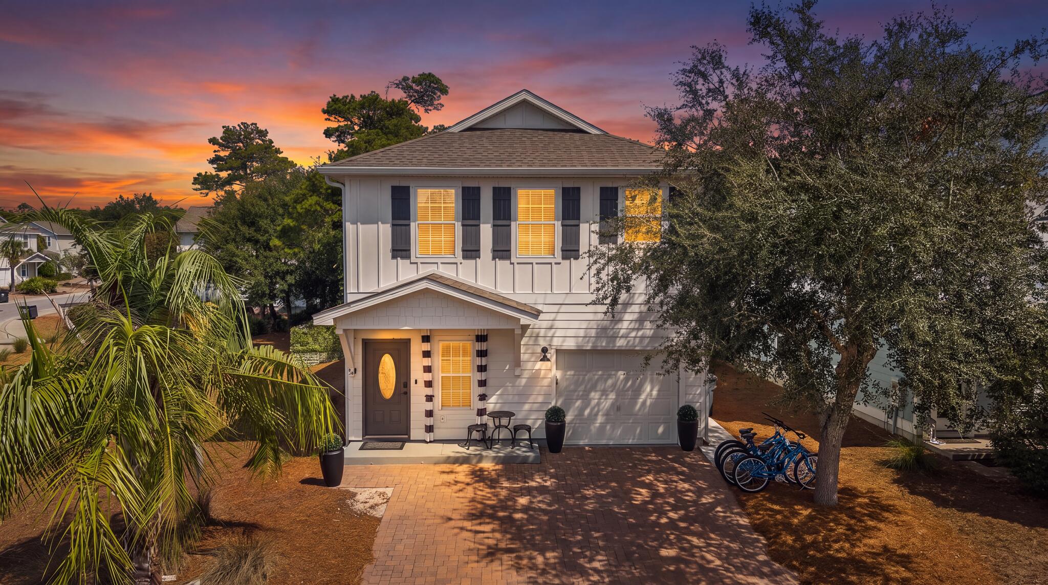 Upgrades in every room, lighting, professional design with ALL furnishings to convey. Beautiful, expansive upgrades in 2025 this bungalow less than .5 miles to public beach access right outside of Rosemary Beach and 30A avenue. 10Ft fence for privacy, beautiful pavers in the back, gorgeous dining and living area on the first floor, with a garage/game room + beach equipment storage. Upstairs you'll find three -spacious- bedrooms, including a large King bed + primary suite and a Jack-and-Jill bath for guests. The home's coastal design and abundant natural light create a warm, airy atmosphere. Shopping, Restaurants, arcades nearby & highly sought after beach spots = perfect as, second home or STR investment property with LOW HOA - Add a hot tub + golf cart and STAND OUT