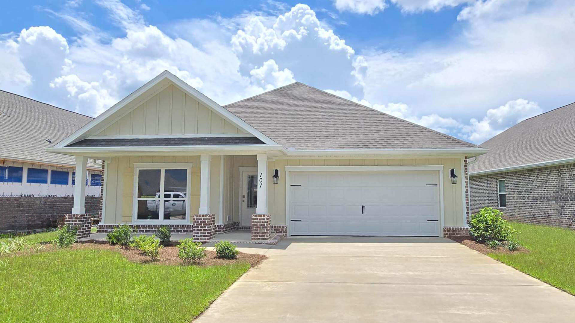 Welcome to 101 Gray Owl Drive E, a new move in ready home, at Owl's Head Farms in Freeport, Florida. As you step inside this home you will find an open and spacious layout designed for comfortable living. The kitchen is equipped with an appliance package that includes a smooth top stove, microwave and dishwasher as well as an undermount single basin sink with a dedicated water filter faucet and a functional center island. Modern finishes of the kitchen include quartz countertops, white upper and lower cabinetry and brushed nickel plumbing fixtures. The kitchen opens directly to the dining area and living room, creating a seamless space for relaxation or entertaining guests. The high 9' ceilings and additional tray ceilings in the living and primary bedroom create boosts the luxurious feel in this home.

The primary bedroom is nestled at the back of the home and features a private bathroom with a shower, dual vanities, a large soak tub, and a spacious closet. Three additional bedrooms, a second full bathroom, and a separate laundry room provide both practicality and comfort. There is a coat closet and linen closet in the entry hallway for added convenience. This home has EVP flooring in the common or shared areas of the home and each bedroom has carpet.

The exterior of this home features covered front and back porches that extend your living space, ideal for enjoying Florida's weather