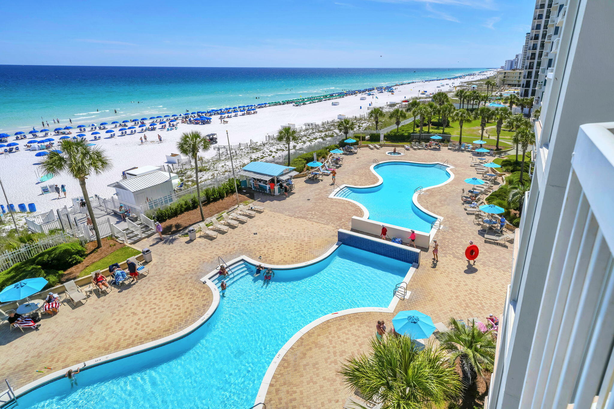 This beautiful beach front  condo has a gorgeous panoramic view of the coastline. Both bedrooms open to the balcony. There is a sleeper sofa so there is plenty of room for the whole family to make vacation memories and you can also cash in on short term rentals. The master bedroom has a walk-in closet. Crown molding and plantation shutters. 2 gulf front pools, grills , and a tennis/pickle ball court. Direct access to the beach from the pool area. Many fun restaurants and attractions in the area. Includes parking spot 163 and storage unit 62.