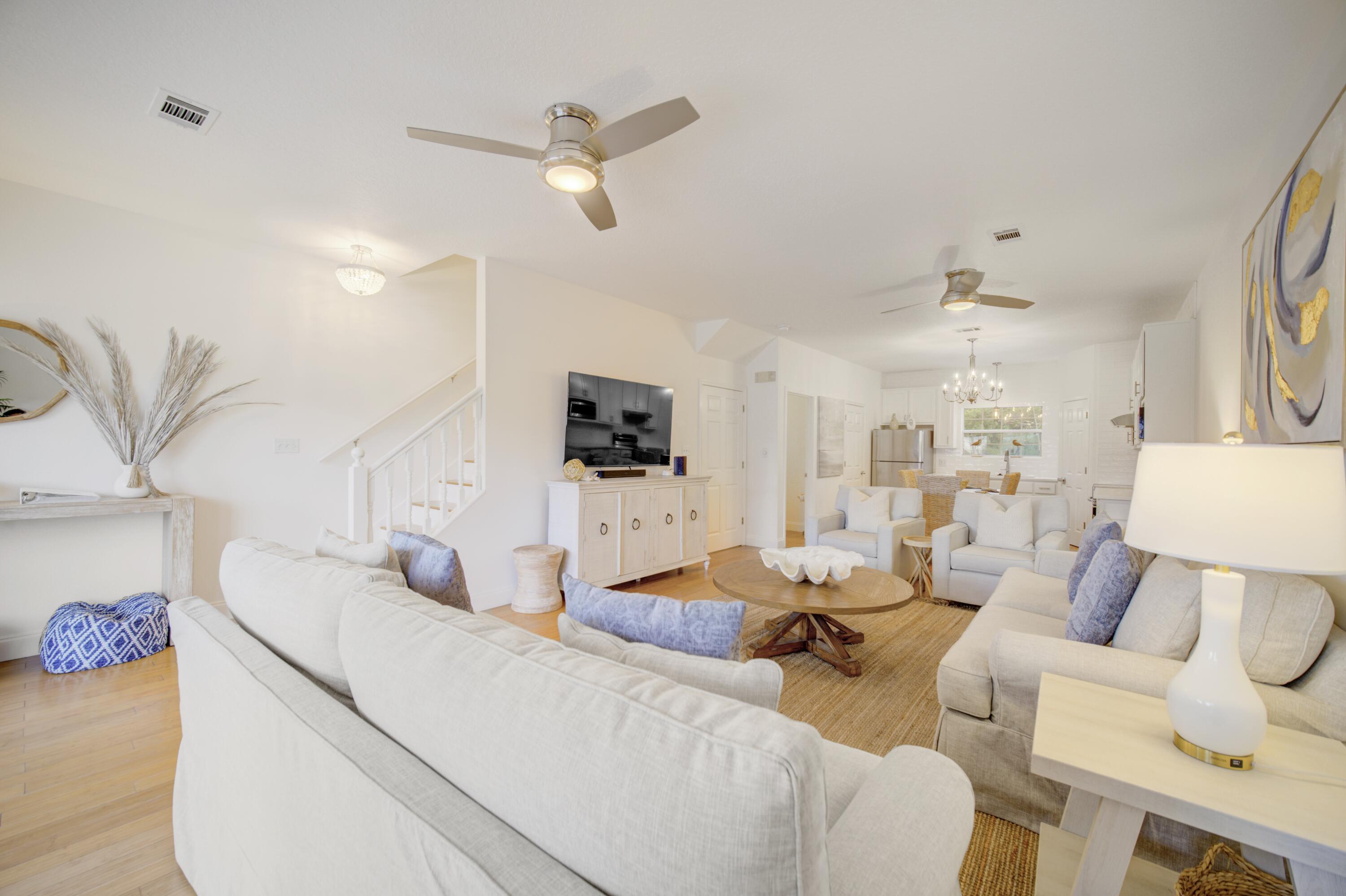 Welcome to The Legends on 30A, a refined coastal retreat where classic charm meets effortless modern living. Fully turnkey furnished with over $20,000 in brand-new designer furnishings, this immaculate home is move-in or rental-ready. Step inside to discover natural hardwood floors, bright light-filled interiors, and a wide-open concept floor plan designed for effortless connection. The chef's kitchen boasts white shaker cabinetry and stainless steel appliances, flowing seamlessly through the airy living space onto a large back deck built for seamless indoor-outdoor entertaining. Upstairs, the home features a quiet guest suite with its own private bath, along with a primary retreat complete with vaulted ceilings, an updated vanity, a modern walk-in shower, a private balcony, and serene horizon ocean views. Enjoy ultimate peace of mind with a brand-new HVAC system, an electric golf cart charger outlet, and all assessments fully paid for a major HOA-driven exterior rehab--including new siding, decks, windows, and doors. Rare for 30A, the property includes covered parking and locked owner's storage. Best of all, unwind in style with access to top-notch community amenities, including a large pool and relaxing hot tub with outdoor shower. Buyer to verify all dimensions.