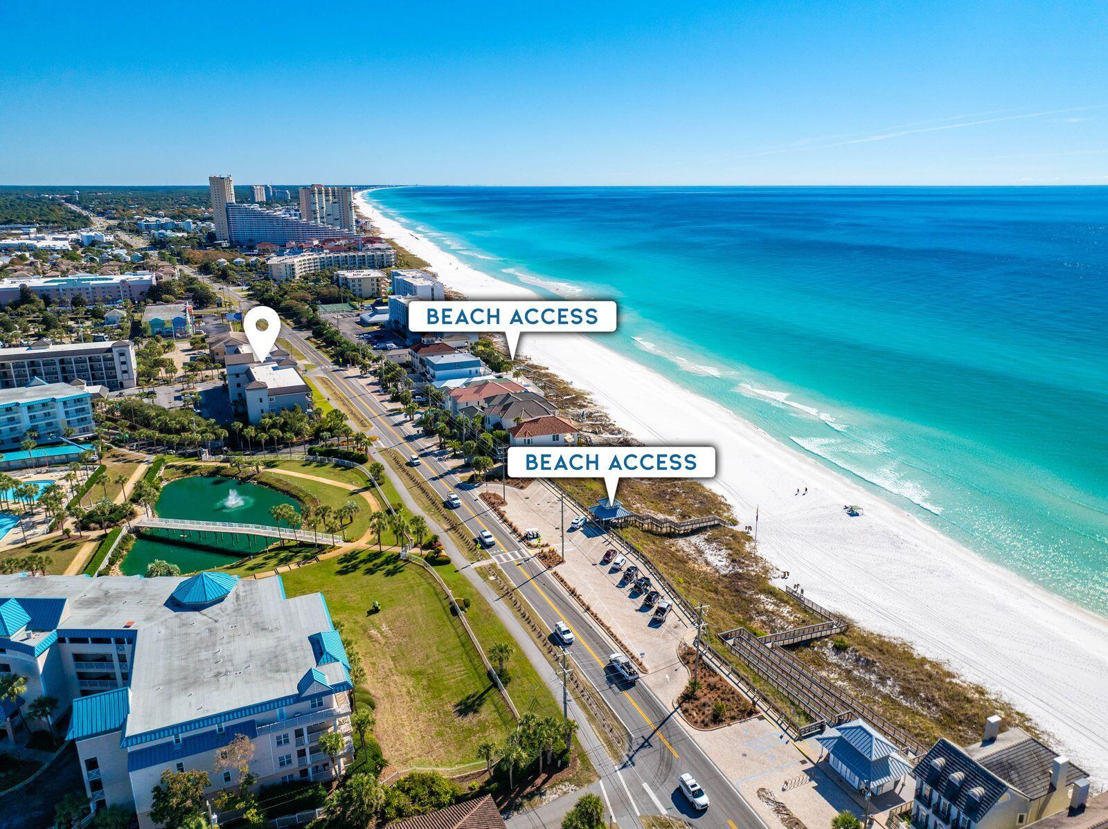 Ideally located directly across the street from two beach access points, this condo includes a complimentary two chair and umbrella beach setup from March 1 through October 31, provided by La Dolce Vita. Situated in one of Miramar Beach's newer complexes, with convenient walkability to popular local restaurants including Surf Hut, Whale's Tail, and Auston's, as well as nearby grocery shopping at Winn-Dixie and Bad Ass Coffee. Light filled, inviting, and styled with coastal charm, this third floor residence delivers relaxed beach living with everyday convenience. Fully furnished and thoughtfully maintained, the home features over 1,300 square feet of comfortable living space paired with subtle gulf views and an easy walk to everything Miramar Beach is known for. Wood floors, 10-foot ceilings, and an open concept design create a bright and breezy atmosphere throughout the main living area. A wall of glass leads to the spacious balcony overlooking Scenic Gulf Drive, where oversized seating makes mornings and sunset hours feel effortless. The kitchen is finished with granite countertops, stainless steel appliances, and a generous island with bar seating.

The kitchen is finished with granite countertops, stainless steel appliances, and a generous island with bar seating. Laundry closet, owner's closet, and updated appliances - including a newer HVAC, refrigerator, dishwasher, and microwave, add practical value. 

The primary suite offers a quiet retreat with a king bed, walk-in closet, and a luxurious bath that includes a double vanity, soaking tub, and separate tiled shower. Two guest bedrooms, one with a queen bed and the other with a twin-over-full bunk, sit near the full hall bath, making the layout ideal for families, guests, or vacation renters. Positioned in a gated community with a heated pool, hot tub, grilling area, and assigned parking, the home places you directly across from two public beach accesses. With its chic furnishings, functional layout, and a location that keeps the best of Miramar Beach at your fingertips, this coastal retreat is well suited for personal use or strong rental potential. Notably, Buildings C and D are the two front buildings of the community located along Scenic Gulf Drive, offering a rare opportunity to own in one of Alerio's most desirable locations.