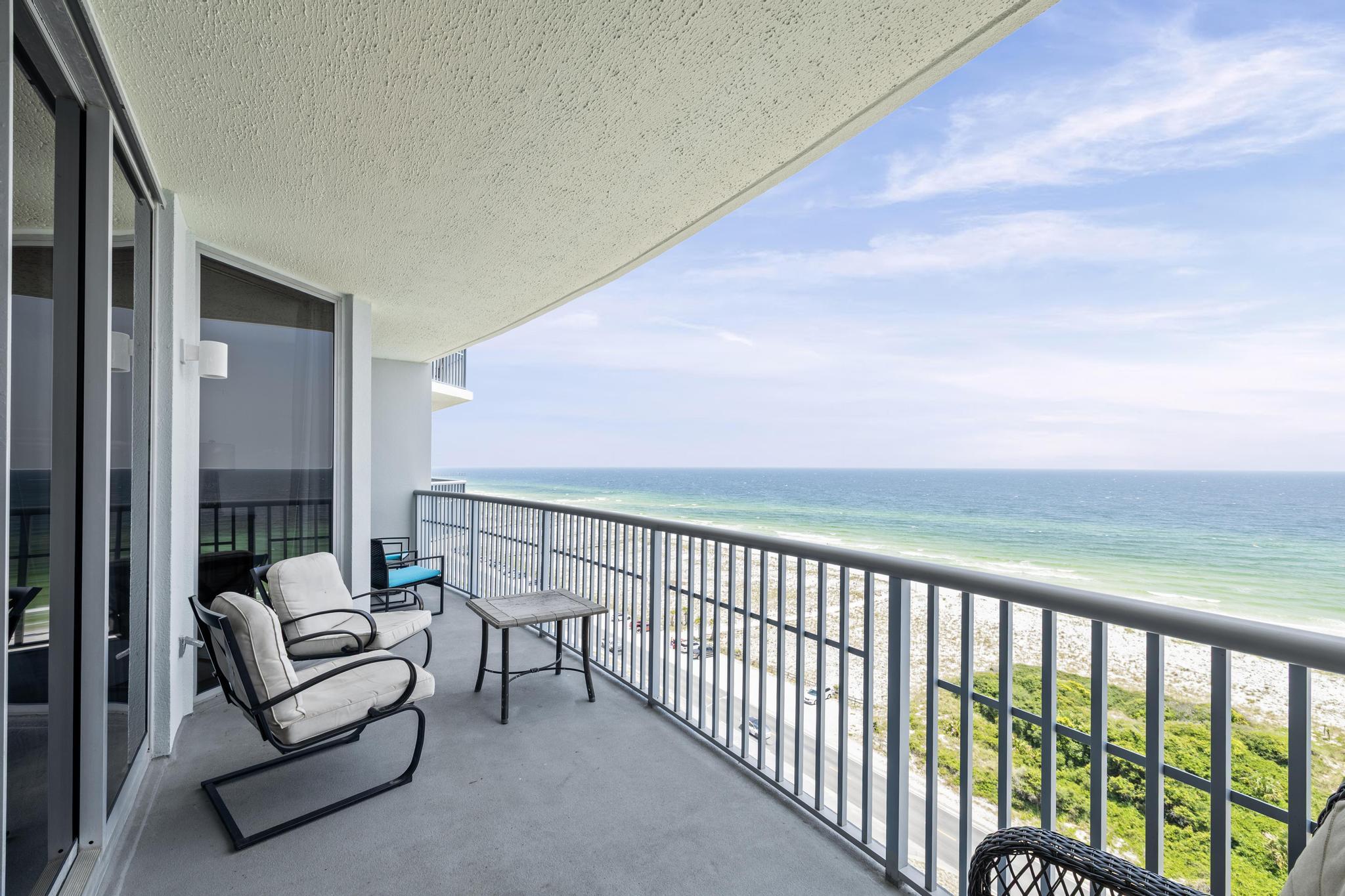 Welcome to your beachfront escape at Emerald Dolphin, where sugar-white sands, emerald waters, and endless Gulf views set the scene for unforgettable winter getaways and holiday gatherings. Perched on the 12th floor, this 3-bedroom, 2-bath condo offers 1,372 square feet of coastal elegance designed for relaxation and celebration. New luxury vinyl plank flooring (May 2024) complements the soft, coastal palette and open-concept layout--perfect for entertaining guests or cozying up by the window as the waves roll in. The private balcony invites you to start your mornings with warm coffee and end your evenings with breathtaking sunsets over the Gulf. Hosting the holidays here feels effortless.
