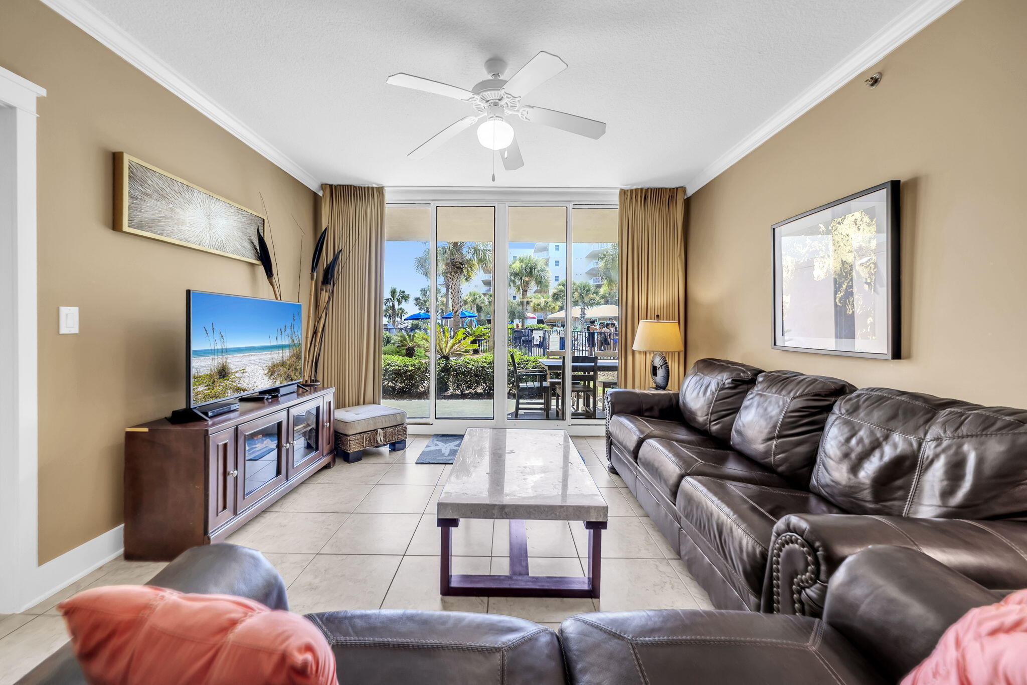 One of the MOST POPULAR locations and top rentals at the #1 Family Resort in Ft. Walton Beach. Highly coveted ''inside the courtyard'' location, A112 Waterscape is a frequently requested ground fl poolside walkout 2br/2.5ba  primo condo w/bunks. Beautifully appointed in quality durable leather & wood furniture set against newly painted neutral khaki /mint coastal walls. Spacious 1,292sf of beach living-2 large ensuite bedrooms w/easy and quick patio access to lower pool deck plus an additional bunk alcove with privacy door and extra half bath in hall (sleeps 8 comfortably). Large private patio faces pool. So convenient to walk right out to the entire 10,000sf pooldeck, lazy river, hottubs, aqua waters of the Gulf beaches. You'll appreciate this turn key premium rental. Low maintenance all tile floors. Spectacular amenity package keep guests coming back and many owners buying multiple units: 490' of sugar sand beaches, 10,000sf of pools; zero edge large pool, LazyRiver, 10' waterfall, heated upper pool, kiddie play park, 2 hottubs, 10 gas grills, 11 elevators, large fitness ctr, handicap boardwalk w/washing stations, 24hr security, garage parking, private owners closet in hall. Seasonal activities offered for owners/guests. Well run on site HOA w/no special assessments/lawsuits. So much to enjoy and a real rental performer $75-90K potential rents! Perfect for investment, 2nd home or even primary living. A112 Waterscape is a perfect choice for your next beach property purchase.