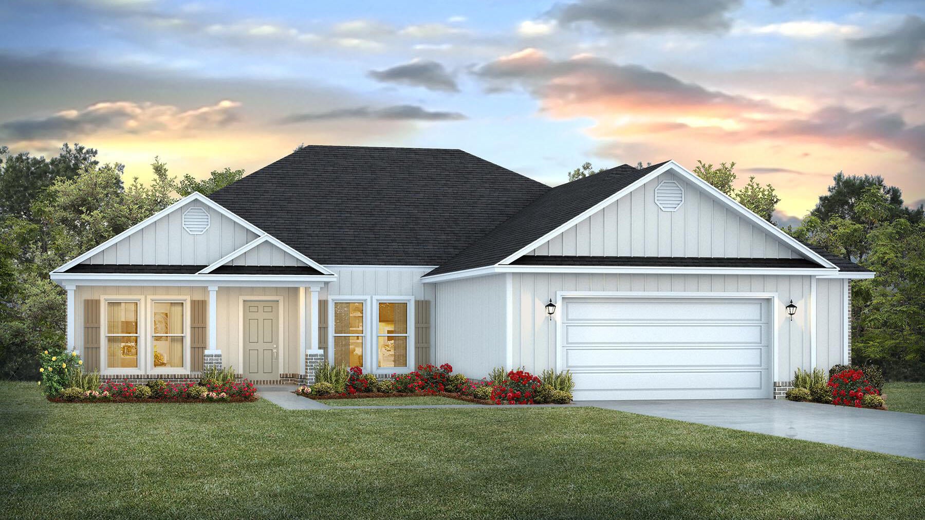Welcome to Hammond Place! Offering residents use of a beautiful community playground, dog park, walking trails, and disc golf! The Parker is a spacious 4 bed, 3 bath single story home offering over 2,400 sq ft with a 2-car garage. The open-concept kitchen includes stainless steel appliances, and a lengthy center island that flows into the family room and adjoining breakfast area. The family room offers a back door which opens to a sizable, covered porch. Quartz countertops in the kitchen and bathrooms. This highly desirable home comes standard with a Smart Home Technology package with several Smart devices for your convenience. Hurricane fabric window and door protection is standard. Timeless curb appeal and located in a fast-growing location with easy access to the interstate. ALL LISTING pictures, colors, features, and size may vary. Square footages are approximate.