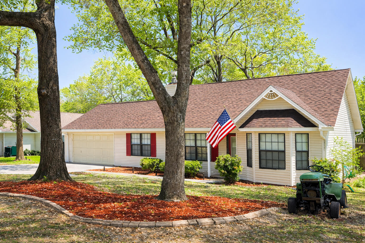 CHARMING UPDATED HOME WITH DOUBLE MASTER SUITES, NEW ROOF, NEW PAINT,  NEW CARPET... PLUS 3 FREE BONUS GIFTS!!! Minutes from shopping, high school and NEW BYPASS ACCESS! Bring your own rocking chairs to relax on the covered front porch and enjoy views of the shaded Cul de sac in this hidden North Crestview gem! NO HOA!  Step inside to a warm and inviting living room featuring vaulted ceilings, neutral ceramic tile flooring, and large windows that flood the home with natural light, creating an open and airy feel. Perfect for relaxing or entertaining! The well-appointed kitchen is a true highlight, offering cabinet storage with a large center island!  Newer stainless steel refrigerator with ice maker & water dispenser! Easy-clean glass top stove!
Dishwasher and industrial style sink sprayer! Enjoy nature views and bird watching from your kitchen window overlooking the shaded backyard.  Just off the kitchen, the dining area features tray ceilings and sliding glass doors that lead to the backyard -- your own private retreat!
This home offers a split floor plan with TWO MASTER SUITES, each featuring updated bathrooms and walk-in closets, providing flexibility for multi-generational living or guests. A third bedroom is tucked down the hallway for added privacy. Step outside to enjoy a fully fenced backyard complete with mature shade trees, including a producing orange tree!
Fire pit for cozy evenings, raised wooden flower beds, and a Storage shed for extra space! Additional features include a 2-car garage with workshop area and attic storage.  Located in the county -- bring your chickens and enjoy the freedom of country-style living!

FREE BONUS ITEMS INCLUDED:
1. Riding zero turn lawnmower
2. Electric lawn equipment (blower & weed eater)
3. Washer/Dryer

Call today to schedule your private showing -- this one won't last long!