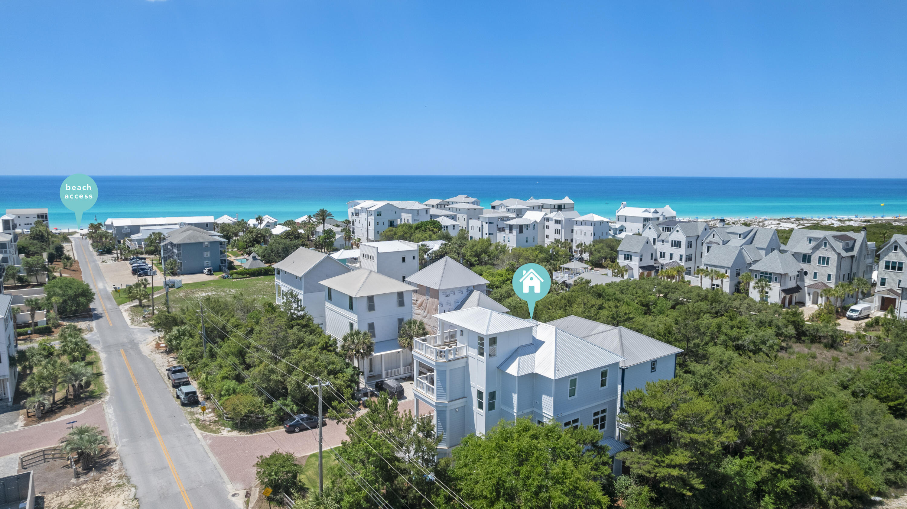 Elegantly appointed and recently built custom Gulf View home on the South side of Inlet Beach within walking distance to the beach exudes coastal living.  Thoughtfully designed, this 5 bedroom / 4.5 bath home features high end finishes, including wire brushed white oak floors, custom hand built cabinets throughout, 12' cypress beamed ceilings in the expansive main common area, full Thermador appliance package, and more!  Multiple additional sitting areas with wet bars provide usable functionality on every floor, and oversized covered porches on each level offer lots of outdoor space and beautiful water views on the 3rd and 4th levels.  The outdoor kitchen situated off the main common area offers convenient ease of use.  Custom Naturekast outdoor cabinets on the multiple outdoor porches are designed to hold up to the elements.  Built with attention to every detail, including top level materials and trim out throughout, with each bedroom offering unique and custom feature walls to provide individual personality and appeal.  This home oozes elegance and functionality, providing multiple usable indoor and outdoor common spaces for even a larger family to comfortably spread out and enjoy.  High end countertops compliment the custom cabinetry throughout.  Walk down to the beach or sit back and enjoy the breathtaking Gulf Views from the privacy of the multiple outdoor porches. Rosemary Beach is located directly west, offering convenient proximity and access to all 30a has to offer!