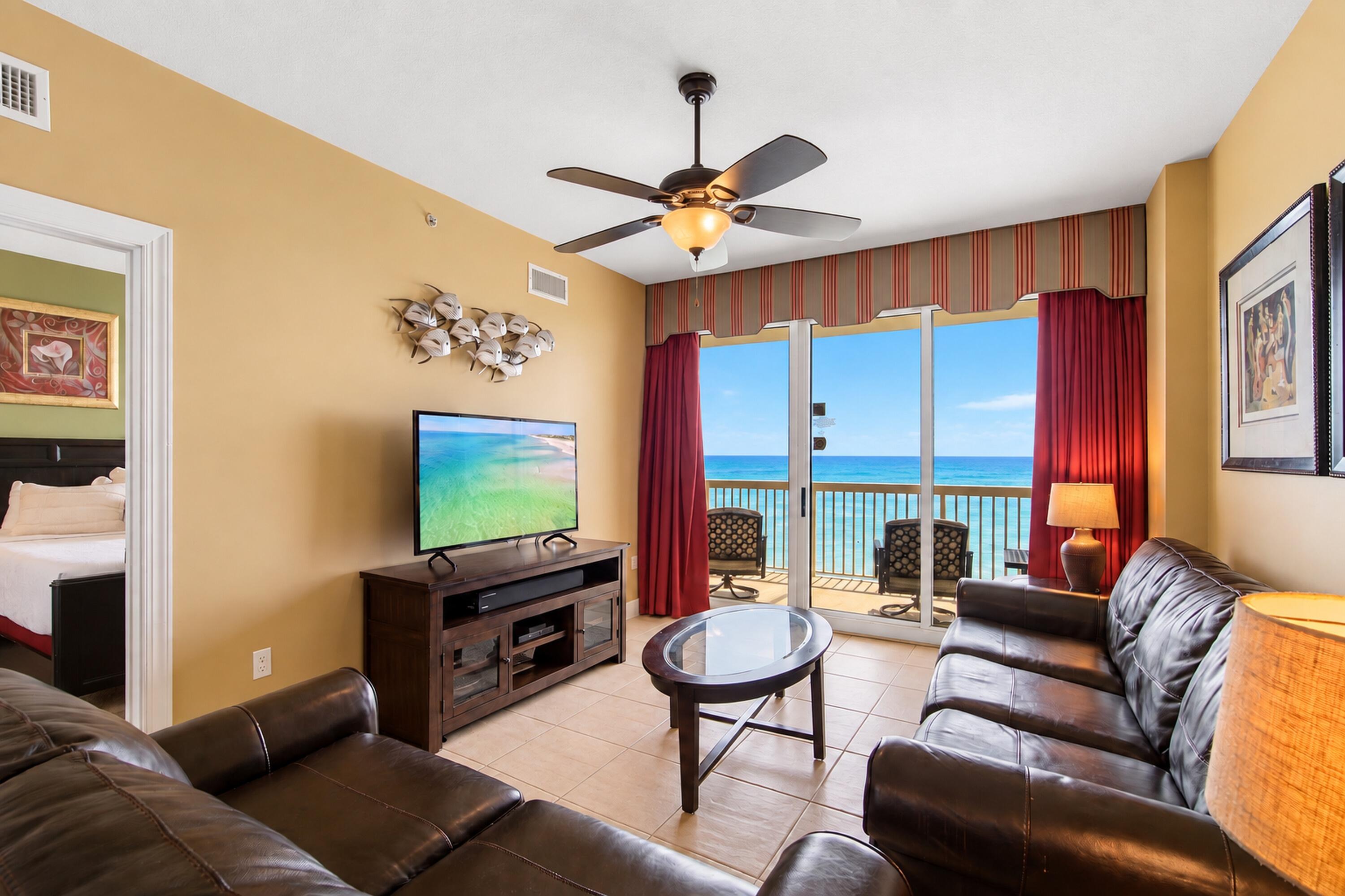 3-bedroom Function at a 2-bedroom price AND sold with a RARE STORAGE UNIT S-086. Unit 2102 combines a highly functional 2-bedroom layout with a separate enclosed bunk room with window, giving owners and guests the sleeping capacity and flexibility buyers often seek in a larger unit. 

Highly prized upper floor unit offers expansive Gulf and horizon views, added privacy, and a full-width Gulf-front balcony measuring approximately 23' wide for dining, sunset watching, or entertaining.

Ample closets throughout, full size in-unit laundry Room, and additional locked owner's closet provide valuable space for beach gear, owner items, and rental supplies.

Offered furnished and rental-ready, with a strong five-star guest history. Practical updates include a replaced refrigerator, range, microwave, faucets throughout, an upgraded living-room ceiling fan, and a newer primary-bedroom mattress. Existing finishes and furnishings convey, making the condo ready to enjoy as-is while still giving the next owner the opportunity to refresh flooring, paint, window treatments, artwork, rugs, and furnishings over time to suit their own taste.

Optimum choice to personalize colors or furniture in time to relaunch on rental market and have back in service before December 31, 2026. 

Well loved Airbnb with excellent renter satisfaction:
https://www.airbnb.com/rooms/678333199474658295?unique_share_id=72e05ef3-415b-4c76-9054-1df8ec5b0793&viralityEntryPoint=1&s=76 Sunrise Beach Resort offers approximately 346 feet of Gulf frontage, two Gulf-front pools including one seasonally heated, two hot tubs, a children's splash area, Gulf-front fitness center, owners' lounge/clubhouse, grilling areas, high-speed elevators, and covered parking on the Gulf side of Front Beach Road--no pedestrian bridge required. Sunrise Beach is governed by a unit-owner-controlled condominium association, giving owners a direct voice in budgeting, reserves, rules, maintenance and the long-term stewardship of the property. HOA services include cable TV, internet, water/sewer, trash, association management, common-area maintenance, insurance, recreation facilities and pest control. Pets are allowed subject to association rules and restrictions. Located less than a mile from Pier Park and close to dining, shopping and entertainment.