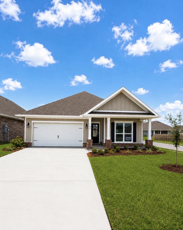 Welcome to 143 Gray Owl Drive E, a new move in ready home, at Owl's Head Farms in Freeport, Florida. As you step inside this home you will find an open and spacious layout designed for comfortable living. The kitchen is equipped with an appliance package that includes a smooth top stove, microwave and dishwasher as well as an undermount single basin sink with a dedicated water filter faucet and a functional center island. Modern finishes of the kitchen include quartz countertops, white upper and lower cabinetry and brushed nickel plumbing fixtures. The kitchen opens directly to the dining area and living room, creating a seamless space for relaxation or entertaining guests. The high 9' ceilings and additional tray ceilings in the living and primary bedroom create boosts the luxurious feel in this home.

The primary bedroom is nestled at the back of the home and features a private bathroom with a shower, dual vanities, a large soak tub, and a spacious closet. Three additional bedrooms, a second full bathroom, and a separate laundry room provide both practicality and comfort. There is a coat closet and linen closet in the entry hallway for added convenience. This home has EVP flooring in the common or shared areas of the home and each bedroom has carpet.

The exterior of this home features covered front and back porches that extend your living space, ideal for enjoying Florida's weather