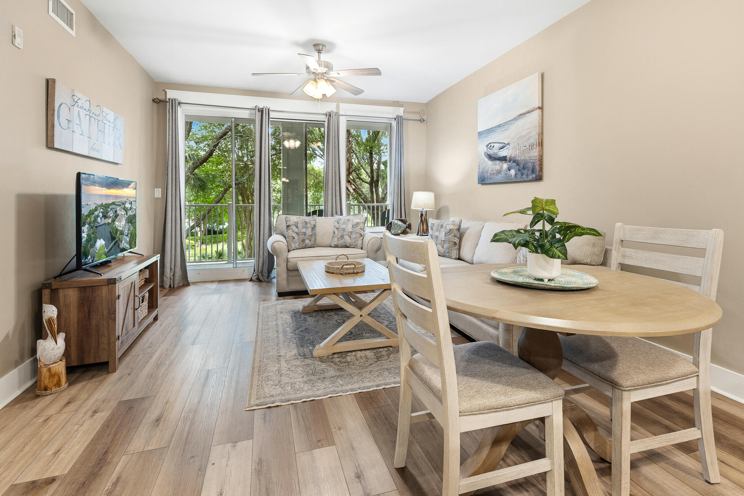 Welcome to your perfect Baytowne Wharf retreat! Ideally situated on the 4th floor, this beautifully furnished 1-bedroom condo features a covered balcony overlooking the resort-style amenity terrace and lush tropical landscaping below. The open-concept floor plan offers comfortable living and entertaining space, enhanced by durable luxury vinyl plank flooring throughout and a newer hot water heater installed in 2020.

Inside, you'll find a bright and inviting interior with neutral coastal finishes and relaxed beach-inspired décor. The fully equipped kitchen showcases stainless steel appliances, a breakfast bar, and adjacent dining space, flowing seamlessly into the spacious living area complete with ample seating and a flat-screen TV.

Located in the heart of The Village of Baytowne Wharf, this condo places you just steps from an exciting array of restaurants, boutiques, entertainment venues, nightlife, seasonal events, and family-friendly attractions. Whether you're seeking a vacation getaway, investment property, or full-time residence, this is an opportunity to enjoy the best of resort living in one of the area's most vibrant destinations.
Observation Point owners enjoy exclusive access to the amenities terrace including resort style pool, kiddie pool, hot tub, and barbecue grilling area. Owners and their guest also have private access to the Founders Club, a gathering place with kitchen, couches, big screen tv, pool table and balcony overlooking the events plaza. As an introduction to the Sandestin lifestyle, we invite our new owners to explore amenities that make Sandestin special. The listing brokerage and seller(s) are presenting the buyer(s) of this property with (2) 90-minute rounds of Tennis court time, a golf foursome at one of our three championship courses, and a round of golf for up to four (4) players at the unrivaled Burnt Pine Golf Club.

Sandestin Golf and Beach Resort features more than seven miles of beaches and pristine bay front, four championship golf courses, 15 world-class tennis courts, a 226-slip marina, a fitness center, spa and celebrity chef dining. Shop, dine and play at the charming pedestrian village, The Village of Baytowne Wharf and more. Inside the gates of the resort, residents enjoy a balanced lifestyle of high-class living, spanning the 2,400 acres from the beach to the bay. Everything within the gates of the resort is accessible by golf cart or bicycle. The entire resort is interconnected by miles of pedestrian, bike and golf cart paths that weave through groves of live oaks, meandering past natural lagoons, fountains, man-made lakes, and meticulously landscaped fairways.