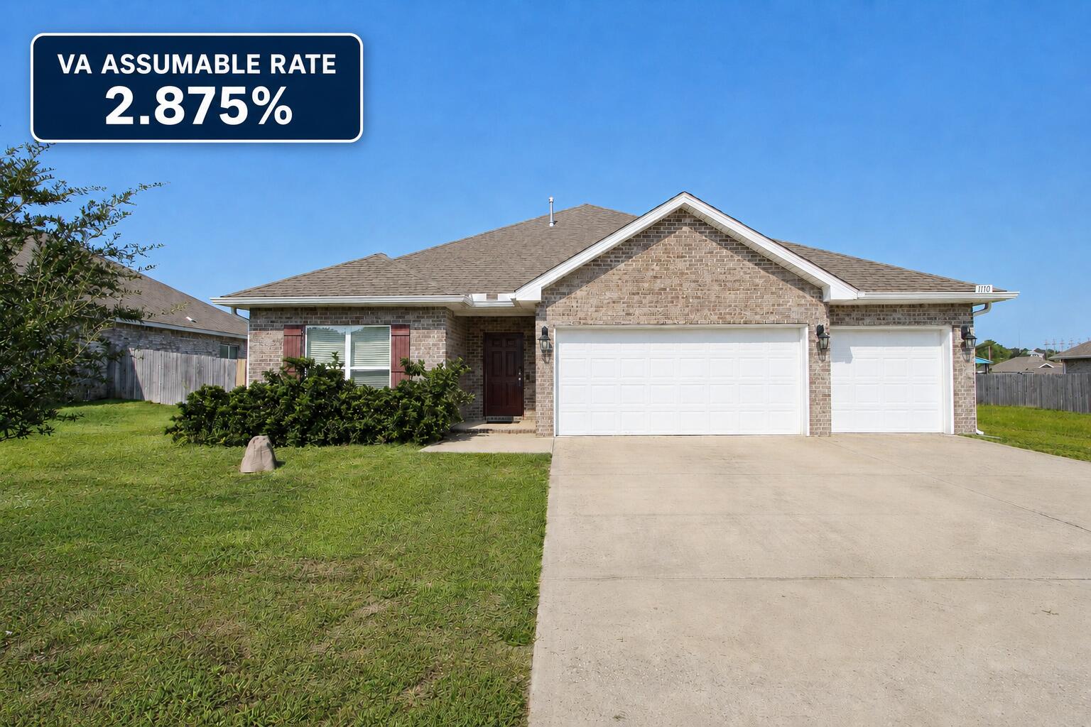 VA Assumable Loan at an Incredible 2.875% Interest Rate!  Stylish all-brick home awaits in Shoal River Landing, featuring the popular Destin floor plan. This stunning Craftsman-style residence offers four bedrooms and three full baths, along with a spacious three-car garage and a covered patio measuring approximately 12'5'' x 15', perfect for relaxing or entertaining. inside, you'll find a large breakfast nook complemented by a separate dining area, enhanced by tray ceilings with crown molding that add an elegant touch throughout the main living spaces. The kitchen and baths showcase beautiful granite countertops, stainless steel appliances, a dishwasher, island bar, and a convenient corner pantry, making the kitchen both functional and eye-catching. The spacious primary suite features a generous 5' x 12'4'' walk-in closet, double vanities, a garden tub, and a large separate shower designed for comfort and relaxation. Luxury vinyl plank flooring runs throughout the home, with plush frieze carpet in the bedrooms for added warmth. Located in the desirable Patriot Ridge community, residents enjoy underground utilities, sidewalks, and a community pool, all in a convenient Crestview location. The fenced backyard offers privacy and includes a sprinkler system in the backyard only, adding ease of maintenance and completing this beautiful home that blends style, comfort, and everyday practicality.
