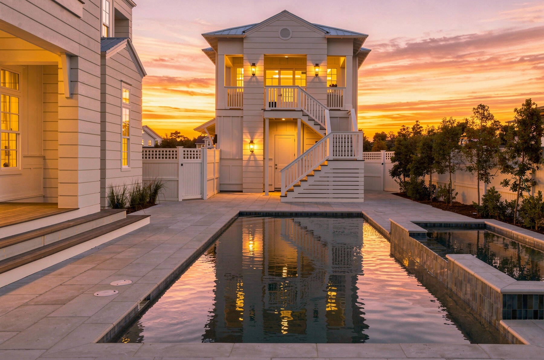 MOVE-IN READY!! 
Crafted by Cole Construction, this newly envisioned retreat blends timeless architecture with modern livability. Featuring five bedrooms, five bathrooms, two half bathrooms in the main living area, and a detached one bedroom, one bathroom carriage house apartment above the expanded two car garage with designated area for a golf cart, this two-story coastal home offers over 4,300 square feet of conditioned living space.

The inviting entry opens into an airy, open-concept layout where the chef's kitchen, dining, and living areas flow seamlessly together. The Great Room features a gray barn wood ceiling accented by reclaimed 200-year-old hand-hewn beams. The kitchen showcases professional-grade appliances, a generous breakfast counter, custom cabinetry, a 48-inch gas range with vent hood and pot filler, a farmhouse sink, and abundant natural light. A separate chef's pantry adds additional prep space, while the living room centers on a direct-vent gas fireplace with custom built-ins.

The primary suite provides a serene first-floor retreat, with a freestanding soaking tub, dual vanities, an oversized walk-in shower, a substantial custom-fitted closet, and direct access to the covered porch and pool terrace, creating an effortless indoor-outdoor connection. A second bedroom on the first floor serves as an ideal guest suite with its own private bath.

Upstairs, three guest suites each with private bath and walk-in closet, surround a generous loft lounge, offering flexible living for family or guests. Covered porches extend from multiple rooms, capturing breezes and peaceful neighborhood views.

The outdoor living area is designed for year-round enjoyment with a saltwater pool featuring a sun shelf and integrated spa, a built-in fire pit, and a brick pavilion housing a complete summer kitchen with grill and beverage refrigerator. An outdoor shower and cabana bath add convenience for poolside entertaining.

A detached carriage house apartment above the expanded garage offers a kitchen with full-size appliances, vaulted living area with built-in bookshelves and a separate bedroom with a full bathroom, creating the ideal space for extended guests or private office retreat.

Exterior details such as board-and-batten and nickel-gap siding, decorative wood brackets, and architectural corbels highlight the home's craftsmanship and coastal character.

From its thoughtful layout to its refined finishes, this new Cole Construction home embodies the effortless charm and enduring quality of Watersound Origins living.