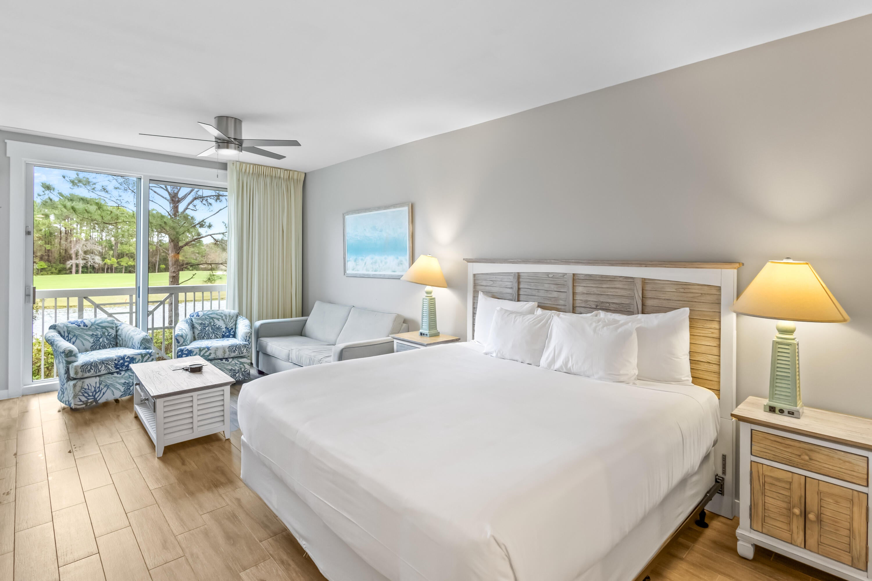This 1st floor studio is beautifully updated and offers the perfect blend of style and comfort with all-new coastal artwork, furnishings, and a modern ceiling fan. The elegant porcelain plank tile flooring complements the freshly painted interior. The renovated kitchenette boasts painted cabinetry, white granite countertops, stainless steel appliances, and a trendy backsplash. The bathroom features a new vanity, stylish backsplash, and painted woodwork. Enjoy year-round comfort with a new 2022 HVAC. Open the sliding glass doors to a charming Juliet balcony and take in the beautiful unobstructed views of the Burnt Pine Golf Course and lake. A perfect getaway or investment opportunity! Elation residents enjoy access to the Solstice Club, the Grand Complex pool, hot tub and kiddie pool, and the Grand Sandestin fitness center. Elation is also conveniently located next to Hotel Effie and the dining, shopping, and live entertainment of the Village.

As an introduction to the Sandestin lifestyle, we invite our new owners to explore amenities that make Sandestin special. The listing brokerage and seller(s) are presenting the buyer(s) of this property with (2) 90-minute rounds of Tennis court time, a golf foursome at one of our three championship courses, and a round of golf for up to four (4) players at the unrivaled Burnt Pine Golf Club.

Sandestin Golf and Beach Resort features more than seven miles of beaches and pristine bay front, four championship golf courses, 15 world-class tennis courts, a 226-slip marina, a fitness center, spa and celebrity chef dining. Shop, dine and play at the charming pedestrian village, The Village of Baytowne Wharf and more. Inside the gates of the resort, residents enjoy a balanced lifestyle of high-class living, spanning the 2,400 acres from the beach to the bay. Everything within the gates of the resort is accessible by golf cart or bicycle. The entire resort is interconnected by miles of pedestrian, bike and golf cart paths that weave through groves of live oaks, meandering past natural lagoons, fountains, man-made lakes, and meticulously landscaped fairways.
