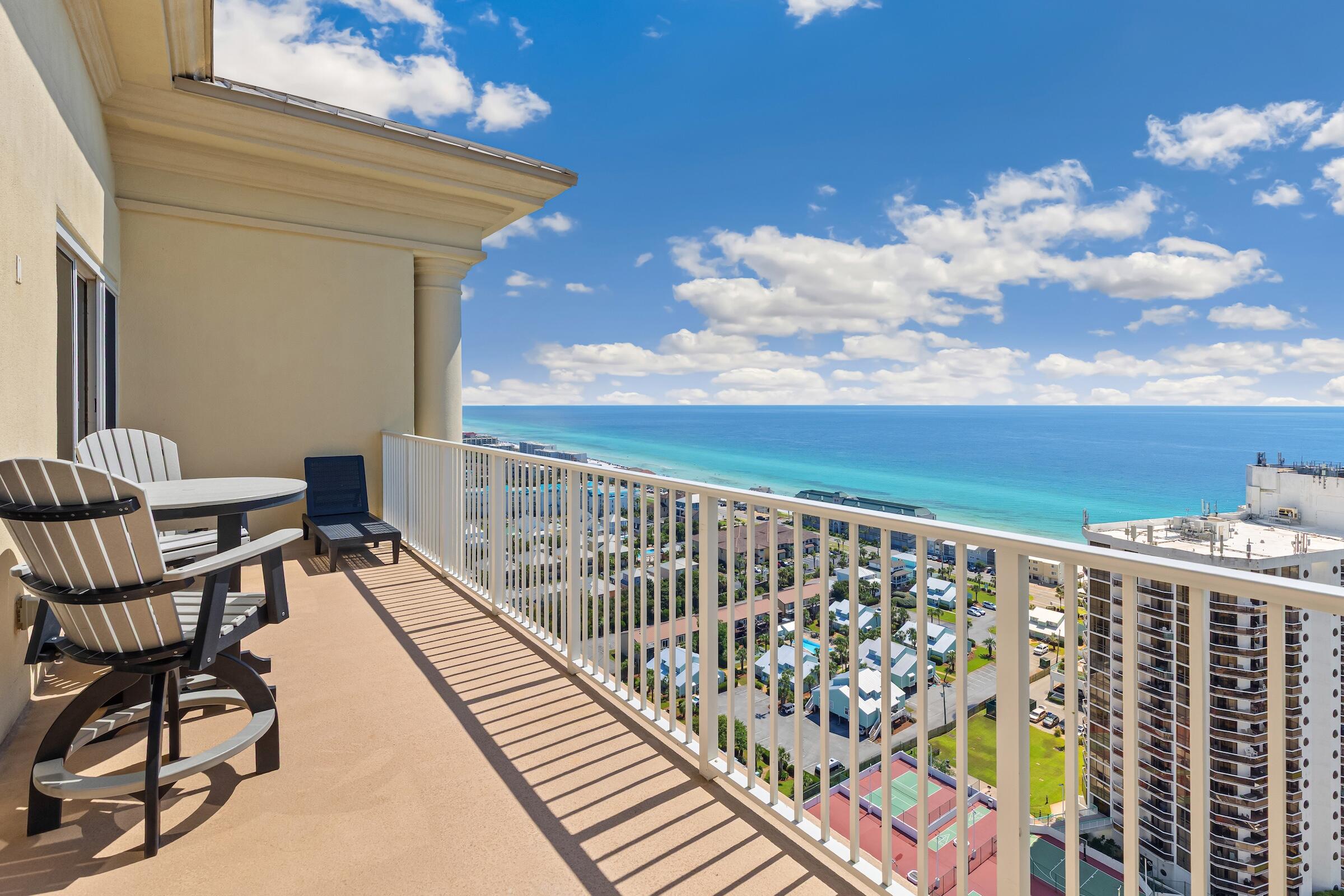 PENTHOUSE LIVING WITH SWEEPING GULF VIEWS AT ARIEL DUNES
Experience elevated coastal living from this beautifully updated 4-bedroom, 4-bath penthouse residence at Ariel Dunes, offering an impressive 2,216 square feet and breathtaking panoramic views of the Gulf of Mexico. From its spacious interiors to the expansive balcony overlooking the emerald waters and sugar-white shoreline, this residence captures the best of Miramar Beach living. Inside, a bright, open-concept living area creates an inviting space for relaxing and entertaining, while large windows showcase the incredible coastal setting. The updated kitchen features crisp white cabinetry, stone countertops, stainless steel appliances, a striking herringbone tile backsplash, floating wood shelving, and generous counter space. Kitchen and bathroom updates were completed in 2020, complemented by interior paint and a new HVAC system in 2023, flooring in 2024, and updated furnishings in 2026. The spacious primary suite offers a peaceful retreat with an updated bath featuring a large glass-enclosed shower, contemporary cabinetry, and dual vanities. Three additional bedrooms and baths provide exceptional flexibility, including a bunk room designed to maximize sleeping accommodations. One of the home's standout features is the expansive private balcony, where the elevated penthouse setting delivers sweeping views across the Gulf and surrounding coastline --the perfect backdrop for morning coffee, sunset evenings, or simply taking in the beauty of the Emerald Coast.
Additional conveniences include a key-access owner's closet within the residence as well as an additional storage closet located immediately outside the front door, providing valuable storage space rarely found in a condominium setting.
Located within Seascape Resort, Ariel Dunes offers access to an impressive collection of resort amenities, including multiple swimming pools, golf, tennis, dining, recreation, and convenient access to the sugar-white sand and emerald waters of Miramar Beach. With its generous 4-bedroom floor plan, thoughtful updates, fresh furnishings, exceptional storage, and commanding Gulf views, this penthouse presents an outstanding opportunity for a primary residence, second home, or vacation rental investment.