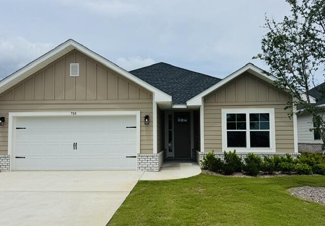This newly built Craftsman-style home offers relaxed coastal living just 20 minutes from the world-famous beaches of 30A. With 3 bedrooms and 2 baths, the open design features cathedral ceilings and a striking 8' crafted front door that sets the tone upon entry. Enjoy mornings and evenings on the spacious covered patio, and appreciate the ease of LVP flooring throughout. The kitchen and baths have beautiful quartz countertops. Thoughtful details such as upgraded Moen faucets, lever-handle hardware, and soft-close drawers complete this inviting home designed for everyday comfort and enjoyment.  Adams Homes pays most of closing costs
*Some photos have been virtually staged to illustrate the property's potential.*