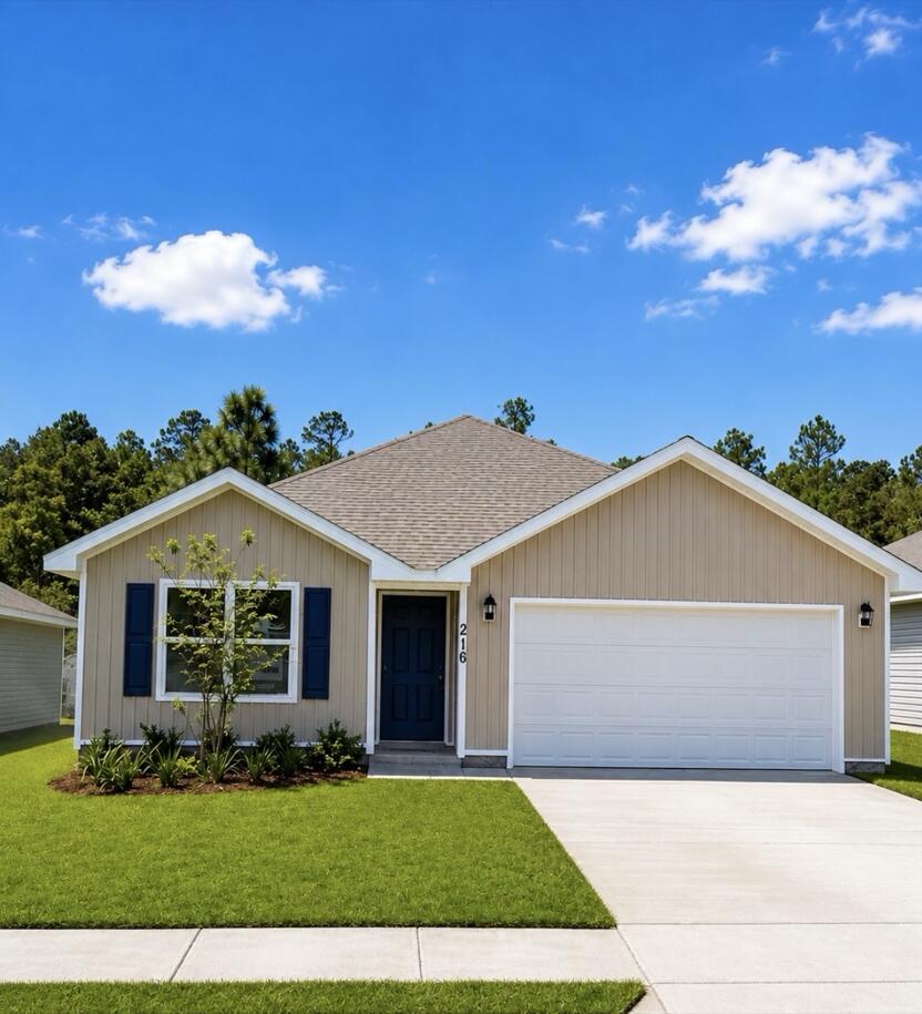 Welcome to 216 Dockside Road, a new home under construction at Magnolia at the Bluffs in Freeport, Florida. The Aldridge has a covered entry and an inviting foyer with EVP flooring. The primary bedroom is located off the entry hall and has carpet, a spacious closet, and an ensuite bathroom that has dual sink vanity, quartz countertops, and an oversized shower.

Continuing through the foyer you will find yourself at the heart of the home that has an open concept living area filled with natural light, enhancing the living space. The kitchen is open to the living and dining areas, creating a comfortable living space for family and guests. A center island and ample counter space with granite countertops complete the kitchen as well as upper and lower cabinetry. A large pantry offers additional storage space and is adjacent to the kitchen. A standard appliance package includes a stove, microwave and dishwasher.

The laundry area is located off the entry hall and as space for a full-size washer and dryer. Two additional bedrooms flank the living room, sharing a well-appointed full bathroom, ensuring comfort for family and guests alike. This home also has a back patio accessible from the living area.