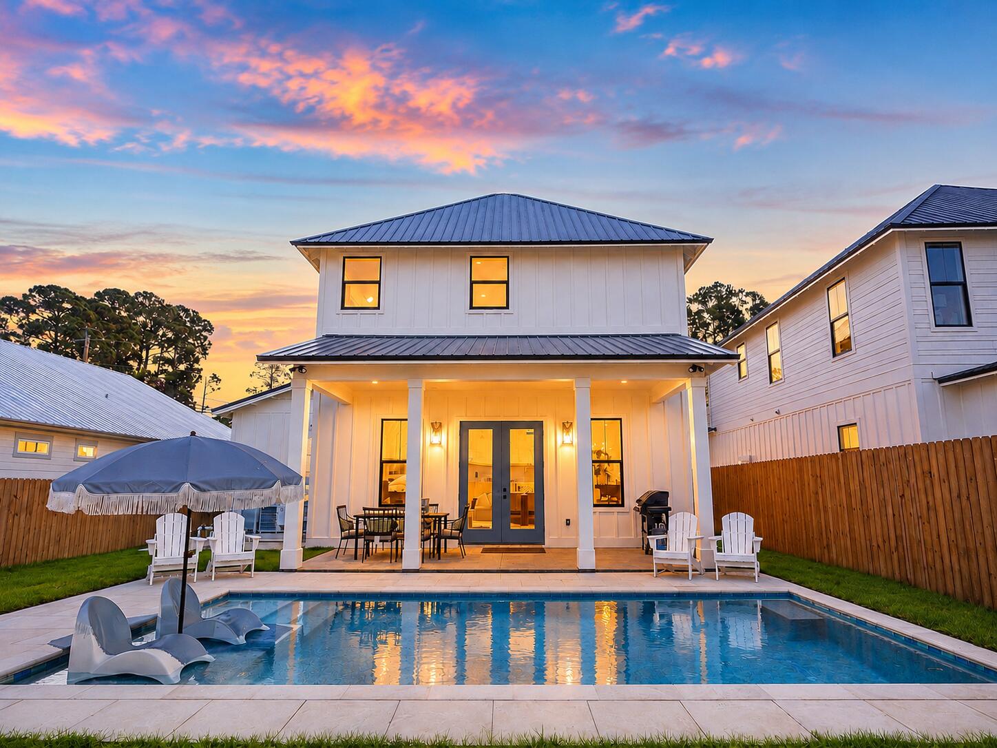 Welcome to a stunning beach home where sugar-white sand and emerald Gulf waters are just steps from your door. Built in 2024, 309 Palm Beach Drive has been custom designed for elevated beach living and effortless entertaining. This 4-bedroom, 4.5-bath residence is ideally located just a four-minute walk from beach and only five minutes from Rosemary Beach and Scenic Highway 30A.

From the moment you enter, soaring ceilings, expansive windows, wood-look flooring, and thoughtfully curated designer finishes create an atmosphere that feels refined and inviting. Natural light pours throughout the open-concept living spaces, setting the stage for sun-filled mornings, memorable gatherings, and easy evenings after a day on the Gulf.

At the heart of the home, the beautifully appointed chef's kitchen is designed to bring everyone together. Gather around for cocktails and conversation, linger over dinner in the inviting dining area, or take the evening outdoors for alfresco dining beneath the covered porch.

Outside, your private coastal oasis awaits. The expansive pool creates a resort-inspired setting for long, sun-drenched afternoons, while the generous covered porch offers the perfect backdrop for morning coffee, sunset cocktails, and warm Gulf Coast evenings spent with family and friends. A deep garage provides exceptional storage for vehicles, bikes, paddleboards, beach gear, and everything needed to embrace the coastal lifestyle. With four spacious bedrooms--each enjoying the privacy of its own ensuite bath--the home is beautifully suited for hosting family and guests while also offering tremendous appeal as a luxury vacation rental.

Just moments from the sugar-white sands of the Gulf and the celebrated dining, shopping, and charm of Rosemary Beach and 30A, this is more than a beach house--it's an invitation to experience the coast at its best.

Offered fully furnished and rental-ready, this extraordinary property is ready to be enjoyed from day one. Arrive, exhale, and let the beach become home.