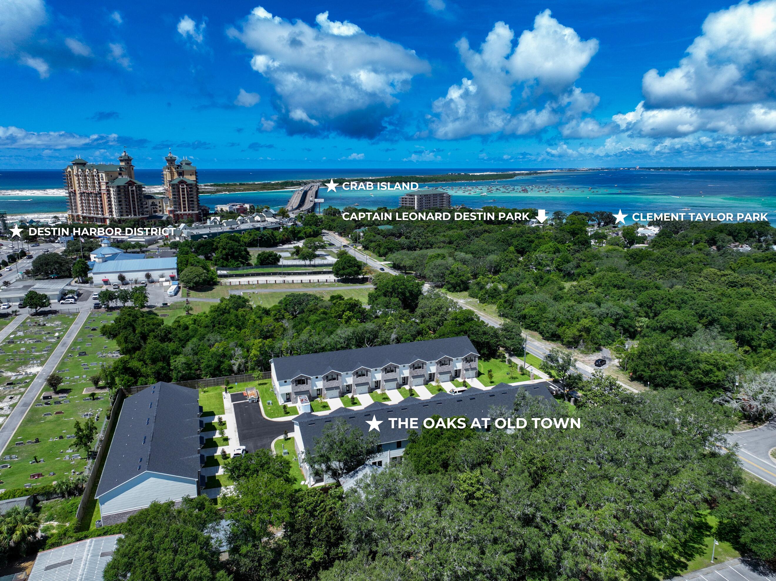Welcome to The Oaks, a charming neighborhood nestled in the heart of Destin, FL. Perfectly positioned near the picturesque Destin Harbor, The Oaks offers unparalleled access to two of Destin's hidden gems: Captain Leonard Destin Park and Clement Taylor Park. These serene bayfront parks provide a tranquil retreat with stunning waterfront views, lush greenery, and recreational activities just steps from your front door. The townhomes at The Oaks boast an expansive 1,962 square foot floor plan, thoughtfully designed with 3 spacious bedrooms and 2 Â½ luxurious baths. Each home is meticulously crafted with high-end finishes and modern amenities, including: Double Stacked Kitchen Cabinets, Calacatta Laza Quartz Countertops Throughout, Large Kitchen Island with Breakfast Bar,