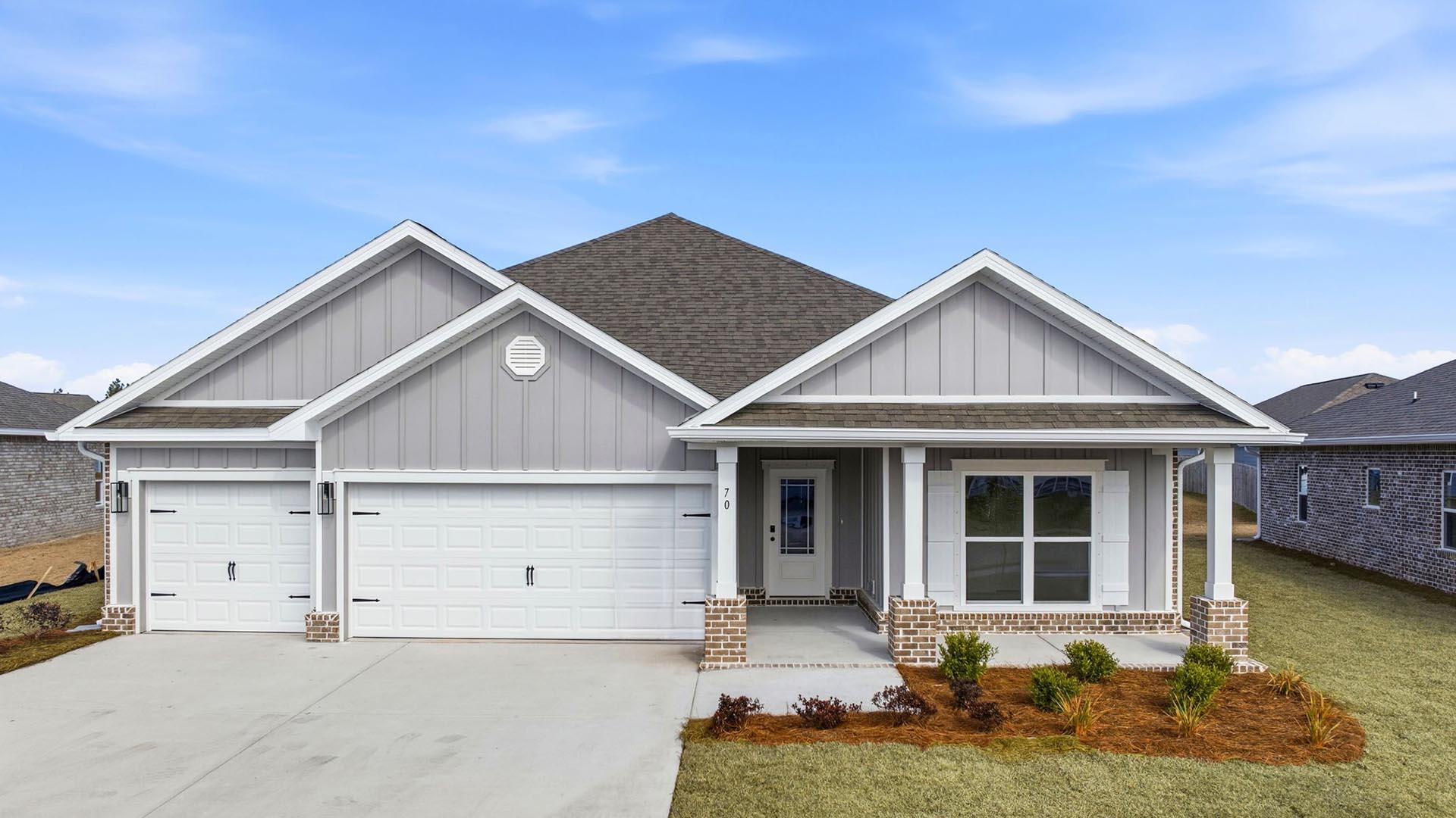 Welcome to 232 Farm Owl Drive, a new home under construction at Owl's Head Farms in Freeport Florida. This thoughtfully designed new construction home offers modern comfort, elevated finishes, and a desirable Freeport location near Florida's Emerald Coast beaches, shopping, dining, and outdoor recreation. From the moment you enter, the open-concept floor plan leads into an expansive great room with 9-foot ceilings and an added tray ceiling that enhances the spacious, airy feel. The main living area is ideal for both everyday living and entertaining, with a seamless connection between the living room, kitchen, and dining spaces.
The beautifully appointed kitchen features quartz countertops, attractive cabinetry, a tile backsplash, and matte black plumbing fixtures for a clean, contemporary look. An adjacent dining area provides a comfortable space for meals, while the large living area opens to a covered patio, creating an effortless indoor-outdoor connection. Engineered vinyl plank flooring runs throughout the home, providing durability, style, and a smooth transition from room to room.
Privately located at the back of the home, the primary bedroom offers a relaxing retreat with a well-appointed ensuite bathroom. The primary bath includes a soaking tub, separate shower with glass enclosure, dual-sink vanity with quartz countertops, lower cabinetry for storage, matte black fixtures, a spacious closet, and a private water closet.