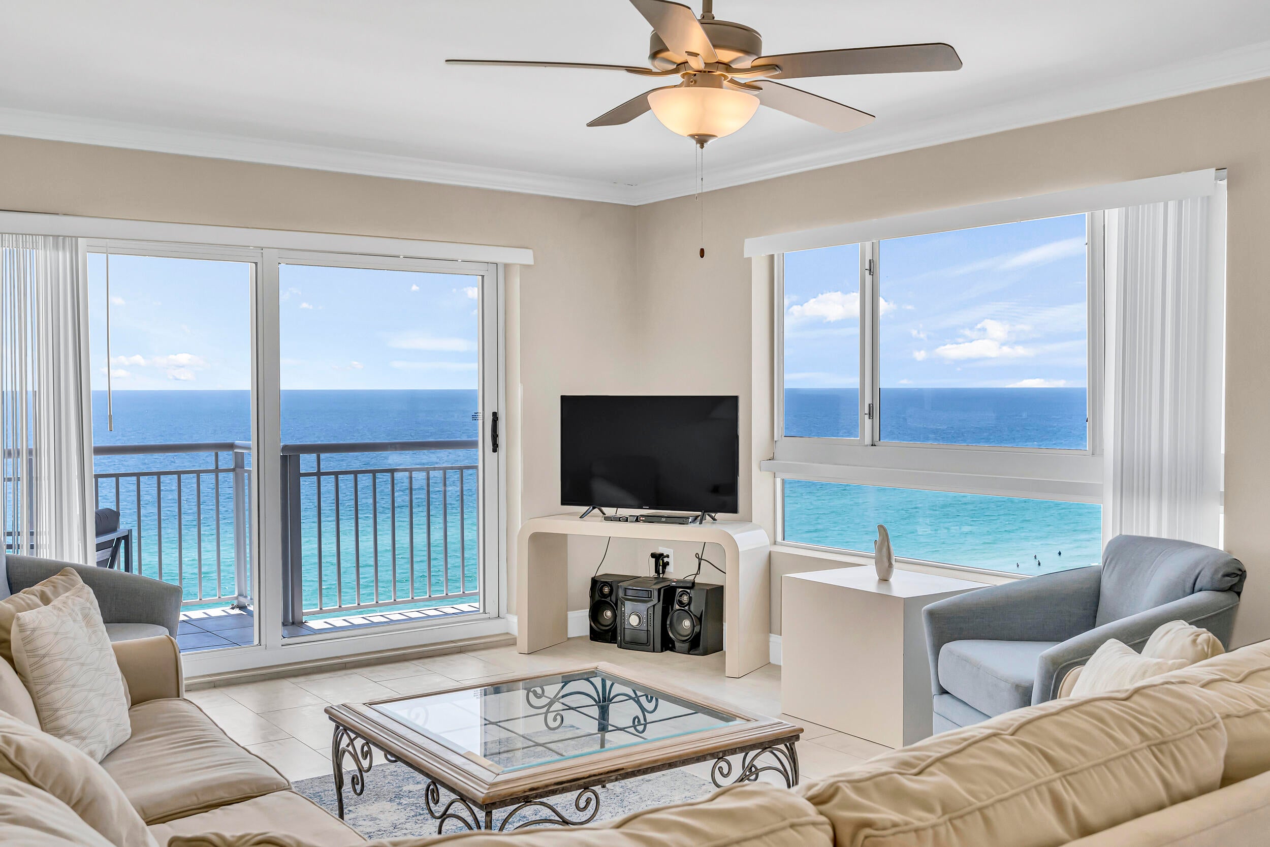 POTENTIAL INCOME OF $100K. This condo has it all! Make it yours! Experience breathtaking, unobstructed Gulf views from this spacious 13th-floor west facing end unit at Destin Towers! This beautifully maintained 2-bedroom, 2-bath condo is sold fully furnished and rental-ready-making it ideal as a vacation retreat, second home, or investment property. The open-concept layout and abundant windows fill the living spaces with natural light while showcasing the emerald-green waters and sugar-white sandy beaches. The kitchen features granite countertops, stainless steel appliances, ample cabinetry, a breakfast bar, and a charming breakfast nook. The spacious living and dining areas are perfect for gathering and open to the expansive beach front balcony--an inviting setting for morning coffee, breathtaking sunsets, and the soothing sound of the waves. The Gulf-front primary suite offers direct balcony access, while the guest bedroom provides comfortable accommodations for family and friends.  Destin Towers is a desirable, low-density Gulf-front Gated community with only three residences per floor. Amenities include private beach access, a Gulf-front pool, hot tub, tennis courts, grilling area, and assigned covered parking and additional storage. Centrally located in the heart of Destin near popular restaurants, shopping, golf, fishing, and family attractions. This condo offers the space, views, location, and rental potentials!