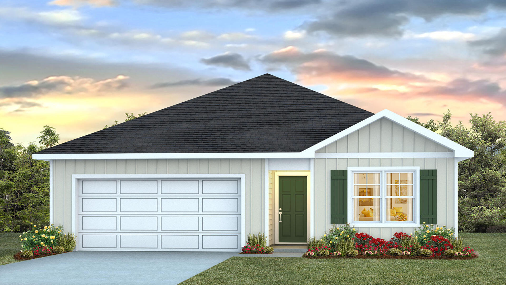 Welcome to 231 Dockside Road, a new home to be built at Magnolia at the Bluffs Phase 3 in Freeport, Florida. As you enter through the covered front porch, you find an inviting foyer EVP flooring leading to the primary bedroom, complete with carpet, a spacious closet, and an ensuite bathroom that has dual sink vanity, granite countertops, and an oversized shower.  Continuing through the foyer you will find yourself at the heart of the home that has an open concept living area filled with natural light, enhancing the living space. The kitchen is open to the living and dining areas, creating a comfortable living space for family and guests. A center island and ample counter space with granite countertops complete the kitchen as well as upper and lower cabinetry.